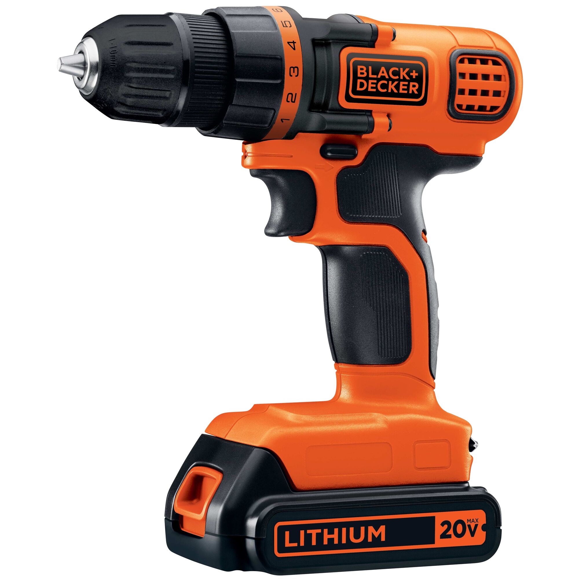 Hero shot of the cordless drill with head of drill pointed to the left