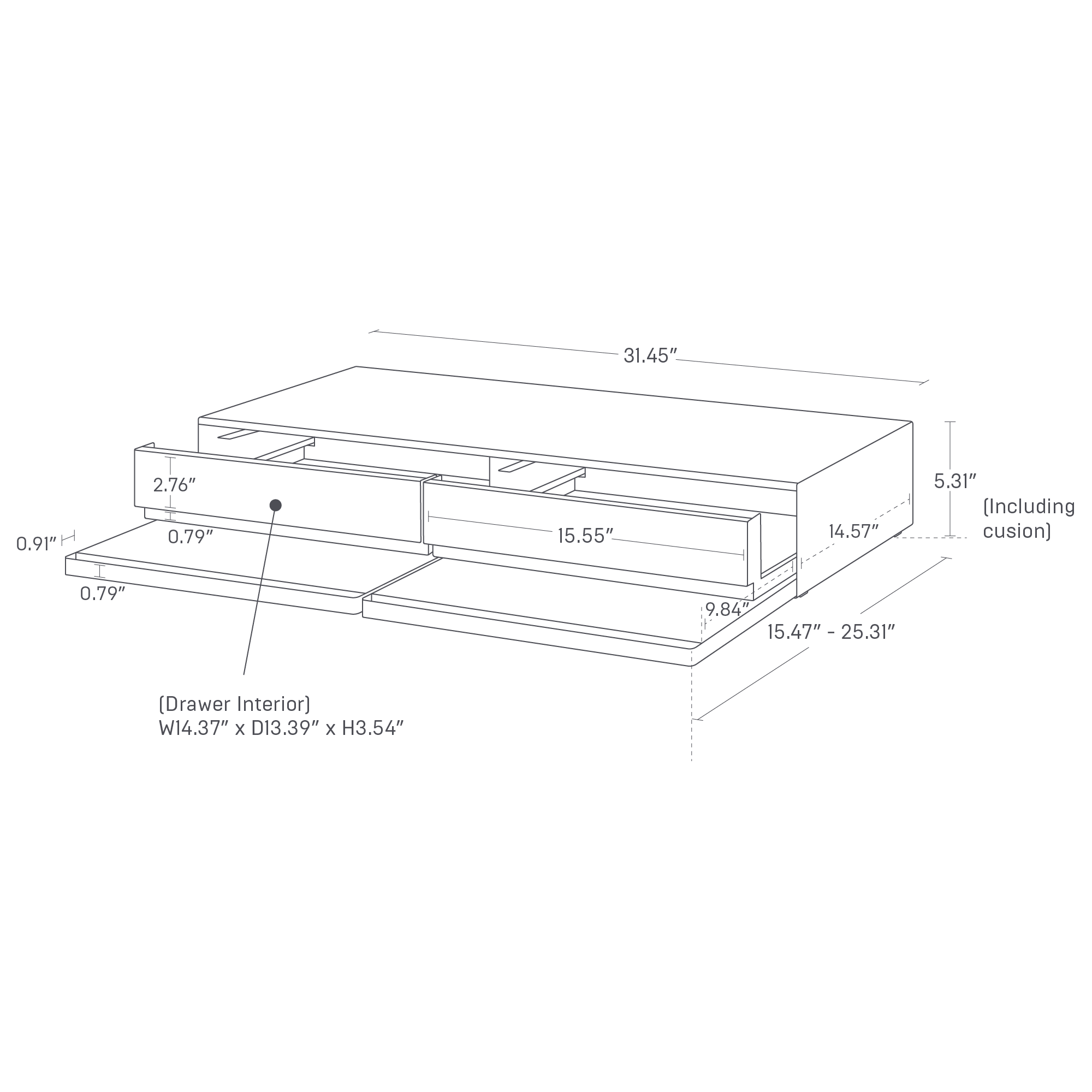Detailed dimensions image featuring the dimensions L 25.31 x W 31.5 x H 5.31 inches
