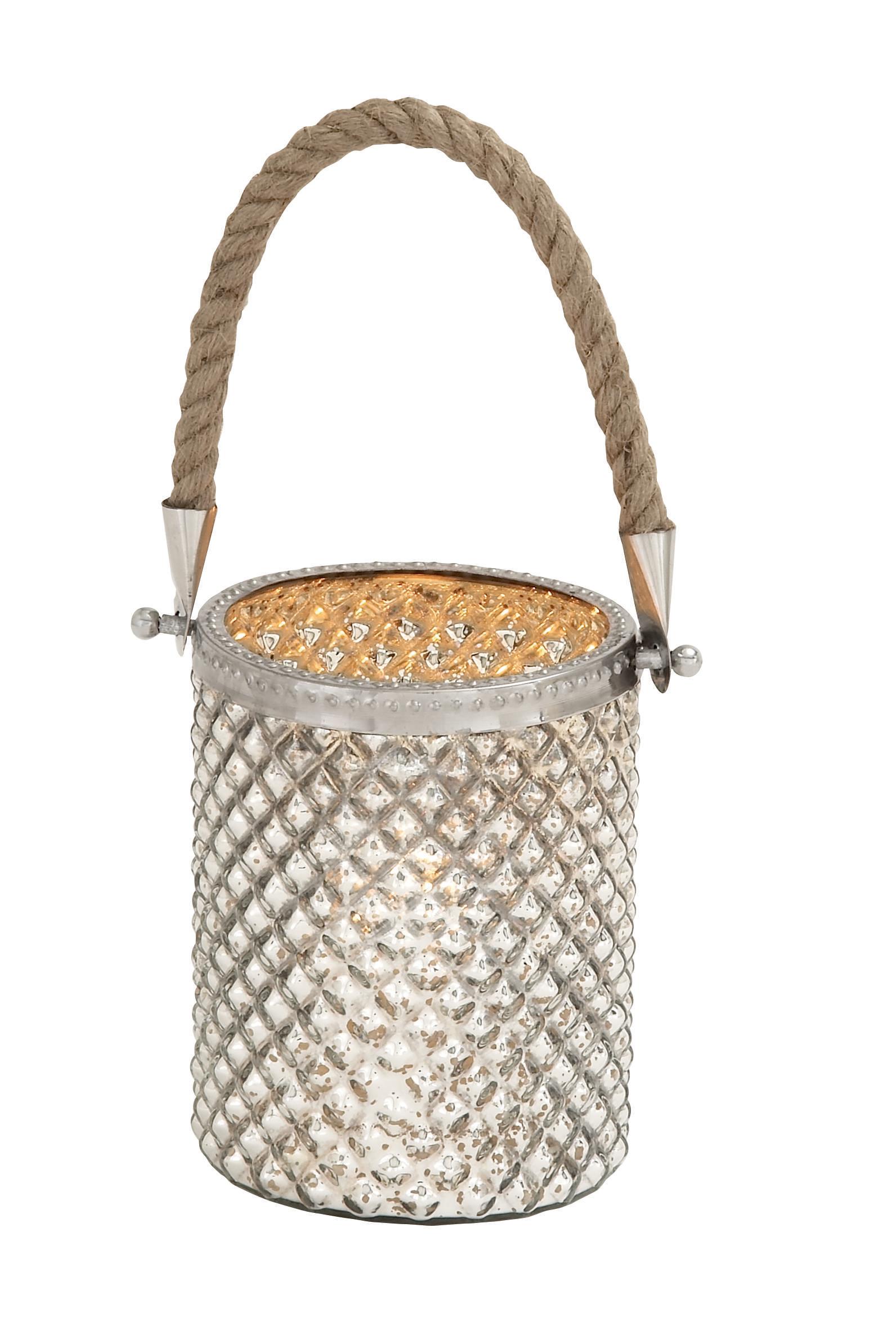 Silver Glass  Handmade Decorative Indoor Outdoor Candle Lantern with Rope Handle, 5" x 5" x 13"