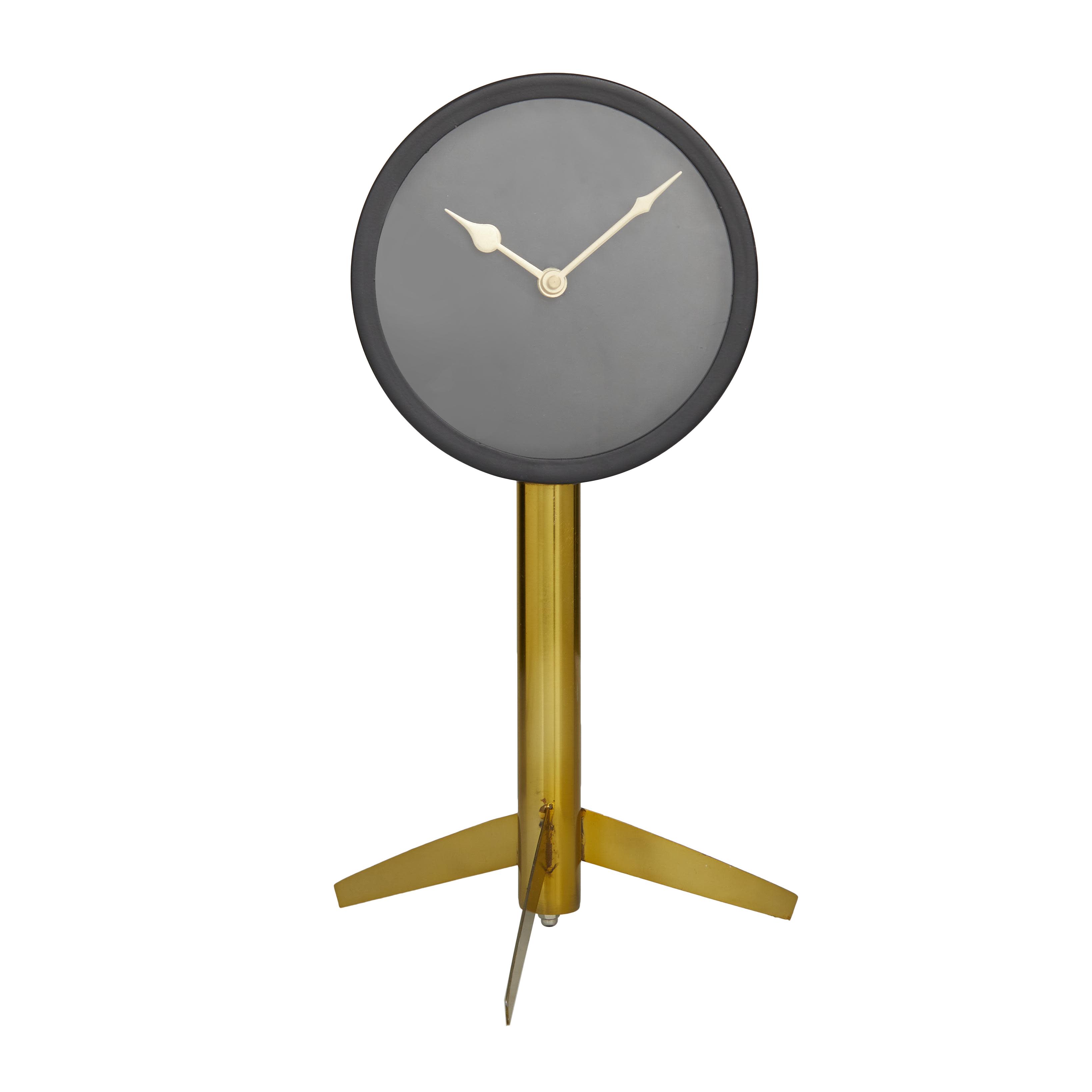 The Novogratz Black Stainless Steel Metal  Decorative Clock with Gold Stand, 7" x 6" x 13"