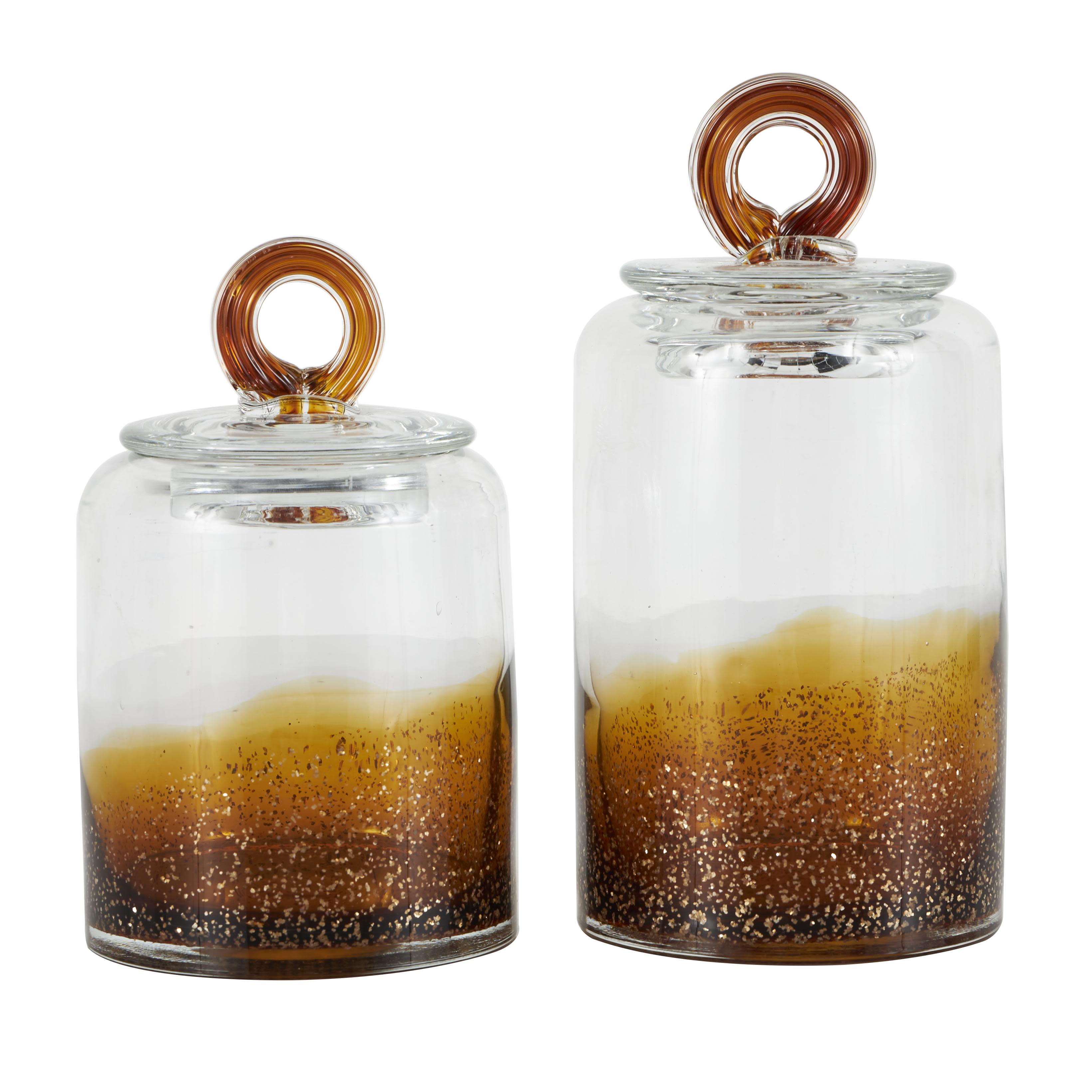 ((2set of 2))Brown Glass  Handmade Living Room Decorative Jars with Gold Flake Details and Ring Lids, Set of 2 9\", 8\"H