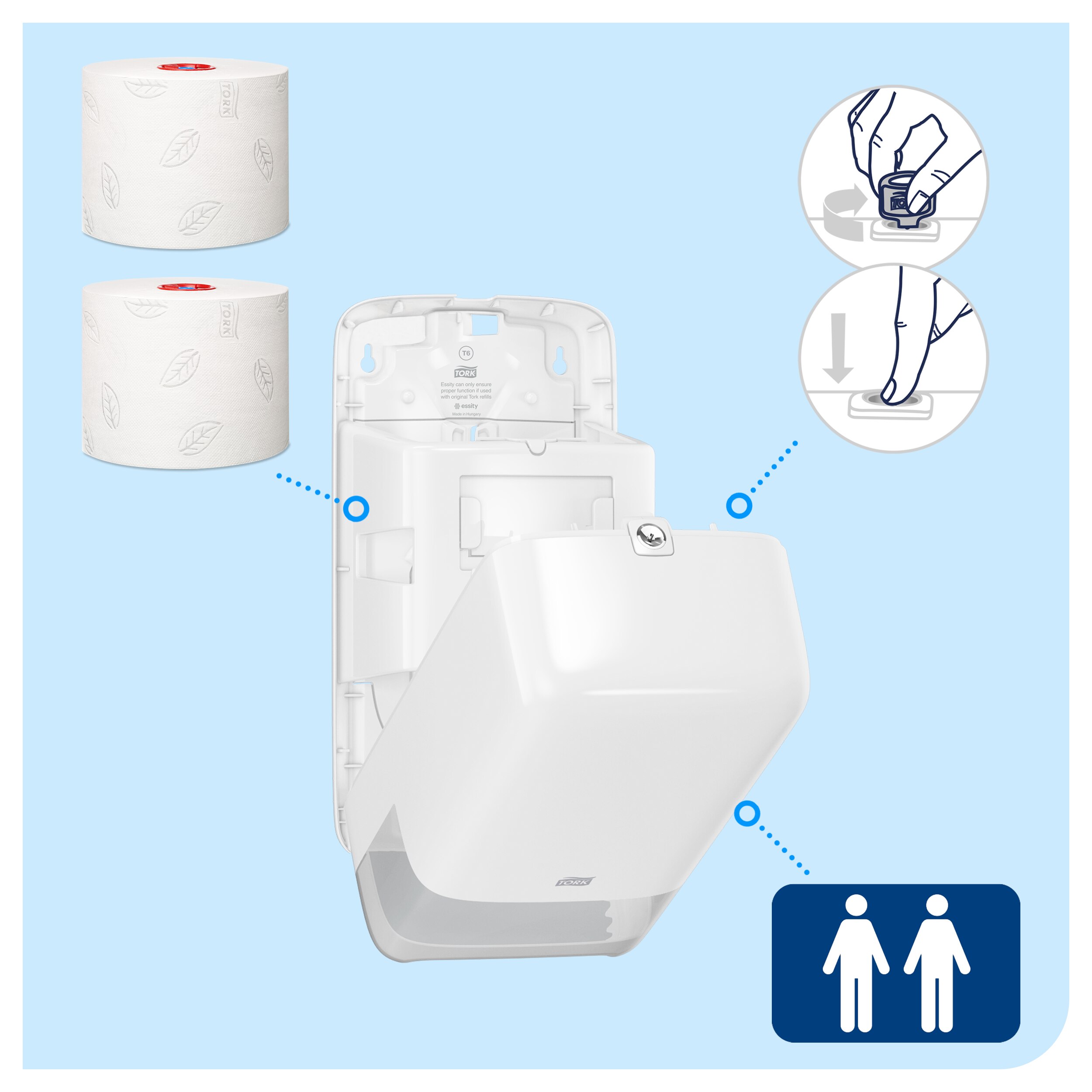 Toiletpapirdispenser, Til 2 ruller, Udvendig oprulning, Hvid, Tork Mid-size Twin T6