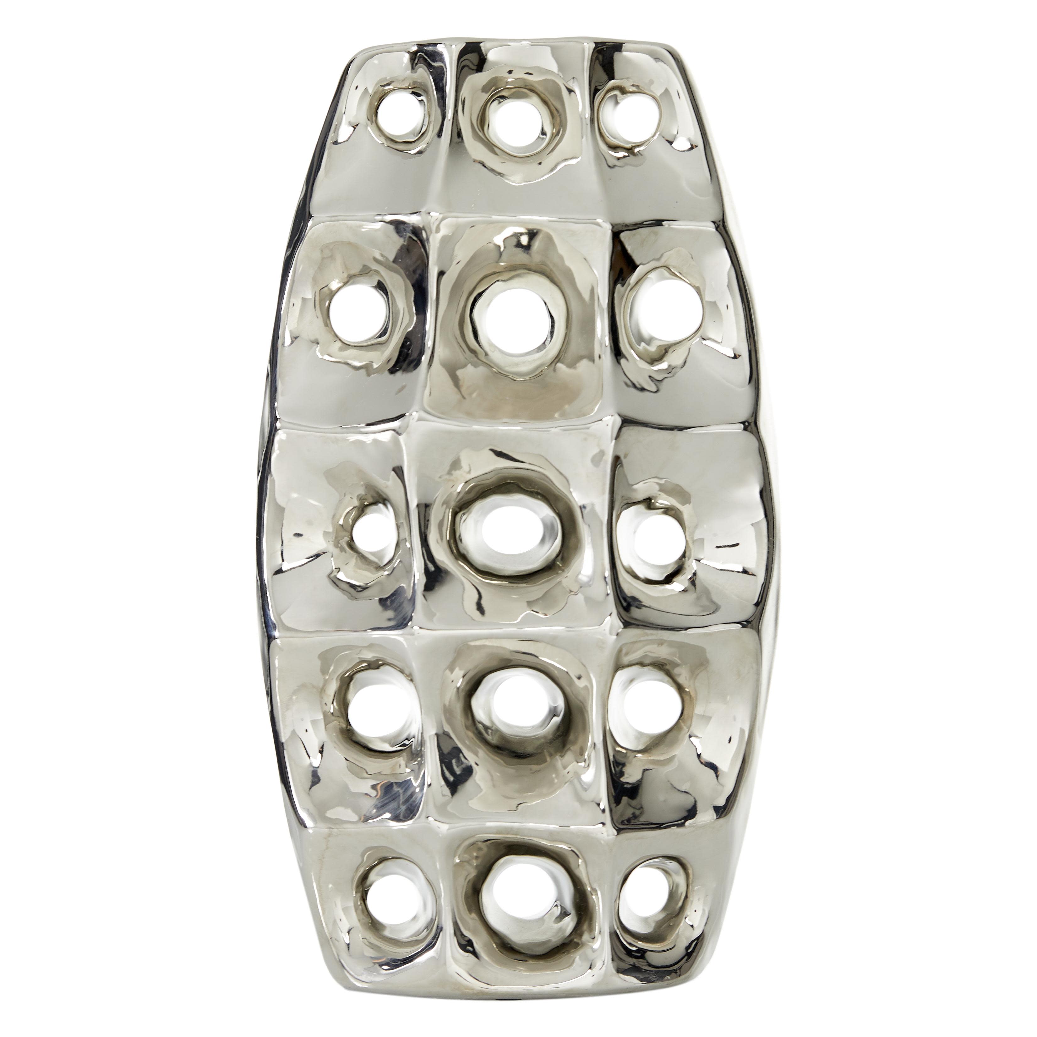 Silver Ceramic  Decorative Vase with Cut Out Designs, 8" x 4" x 14"