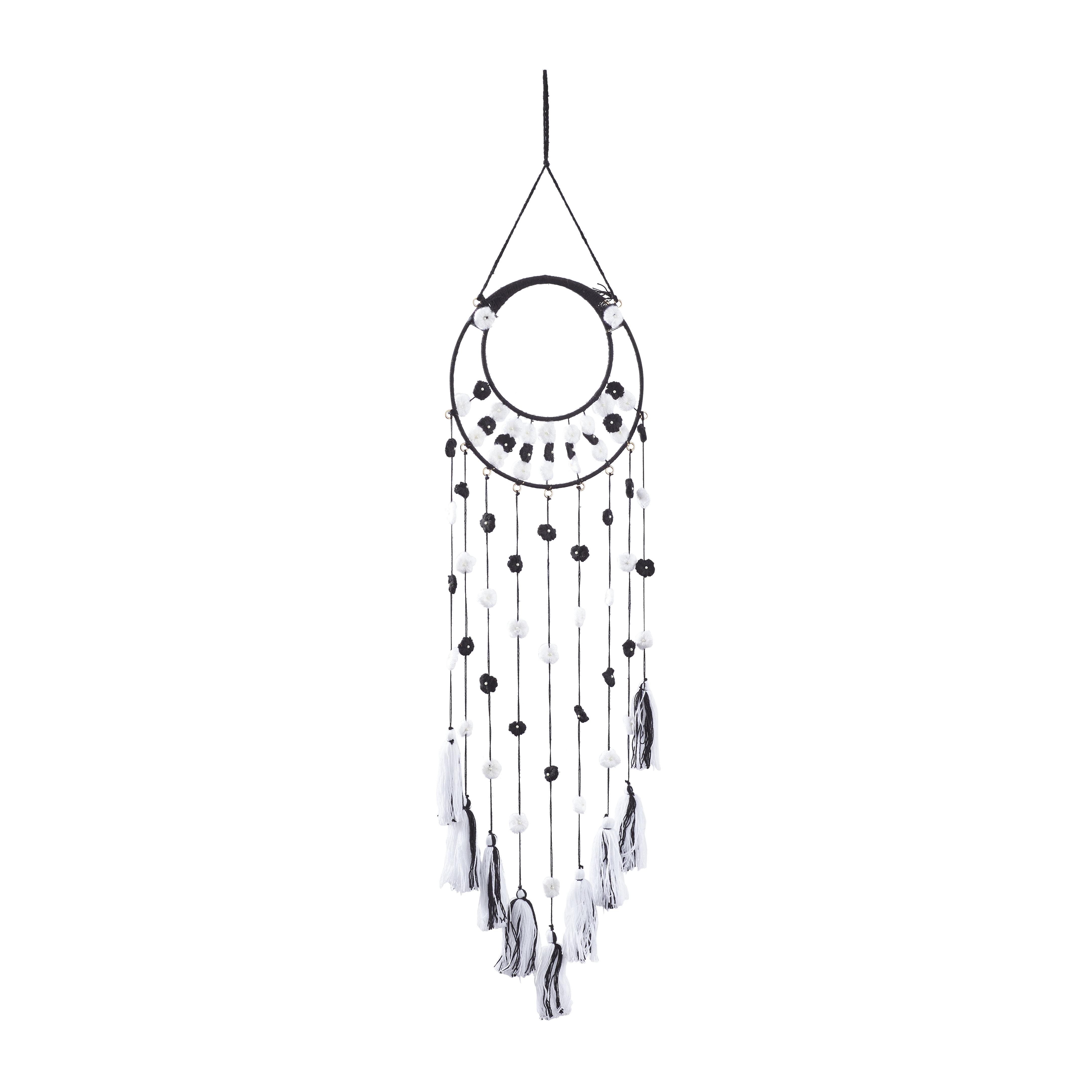 ( 12 pieces) Black Wool Fabric Macrame Floral Wall Decor with Tassels and Pearls, 12\" x 0\" x 55\"