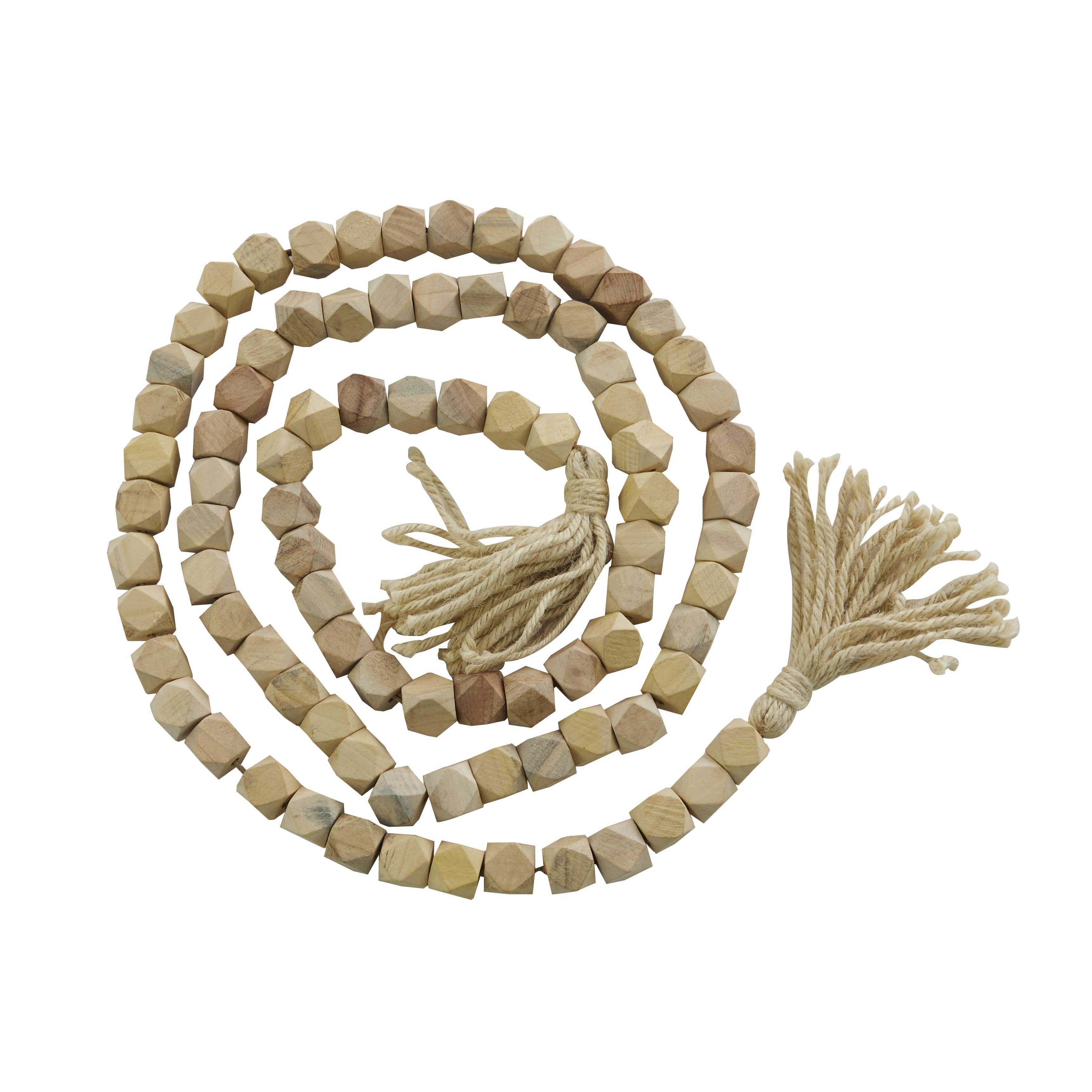 Light Brown Mango Wood  Handmade Hexagon Carved Geometric Long Beaded Garland with Tassel, 80" x 1" x 1"