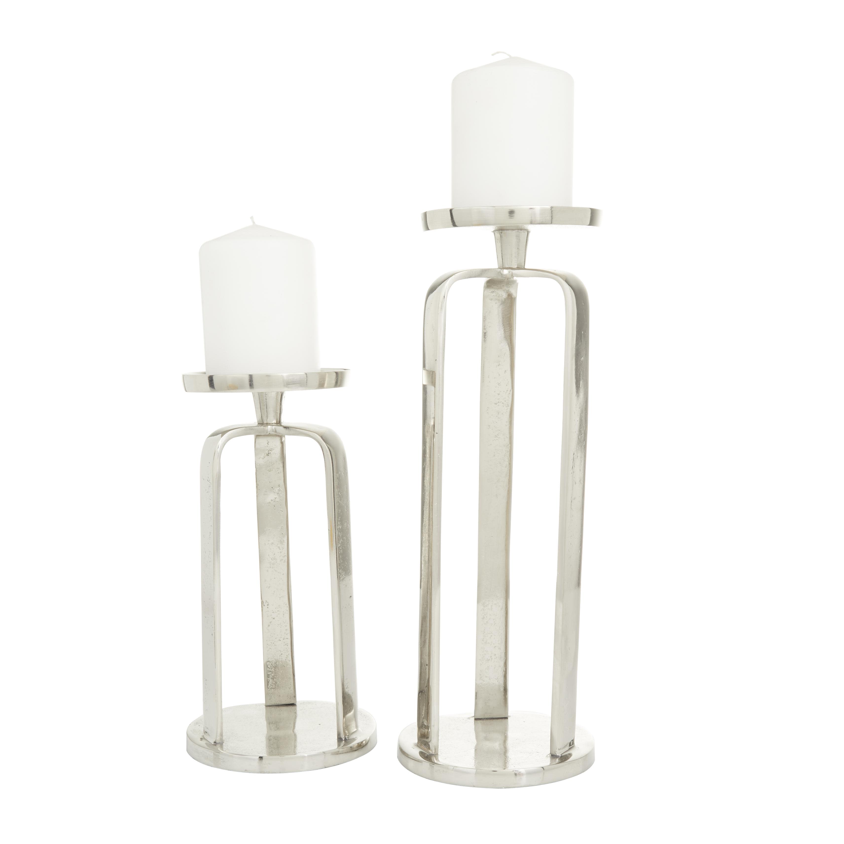 CosmoLiving by Cosmopolitan Silver Aluminum Metal Geometric Pillar Decorative Candle Holder, Set of 2 14", 10"H