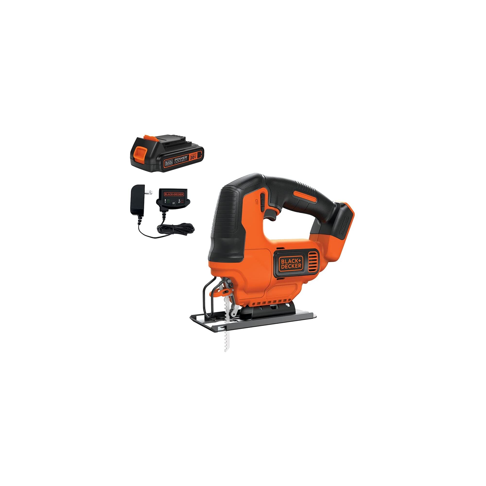 Profile of 20 volt cordless jigsaw with 20 volt lithium battery and charger.