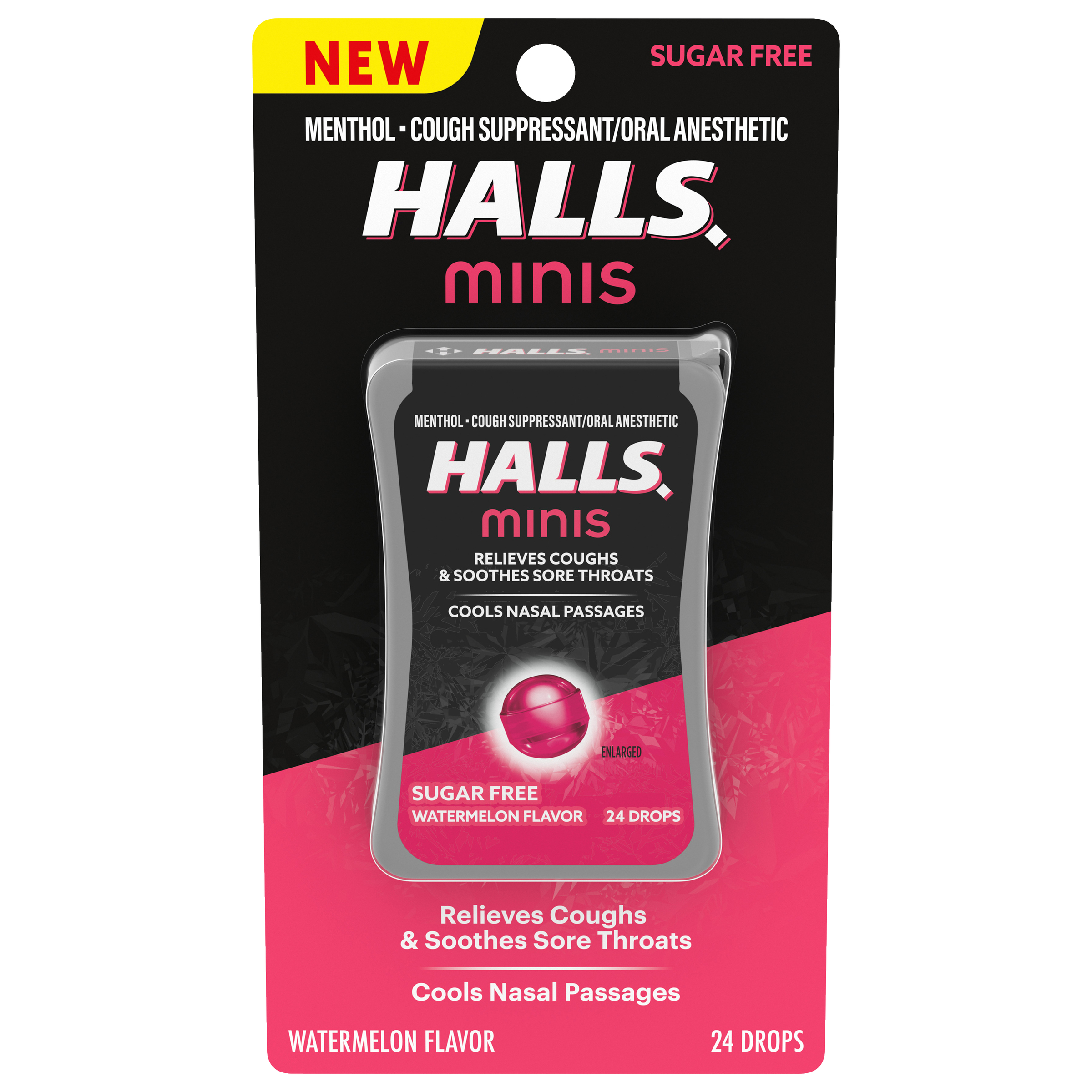 HALLS Minis Watermelon Flavor Sugar Free Cough Drops, 24 Drops-thumbnail-1