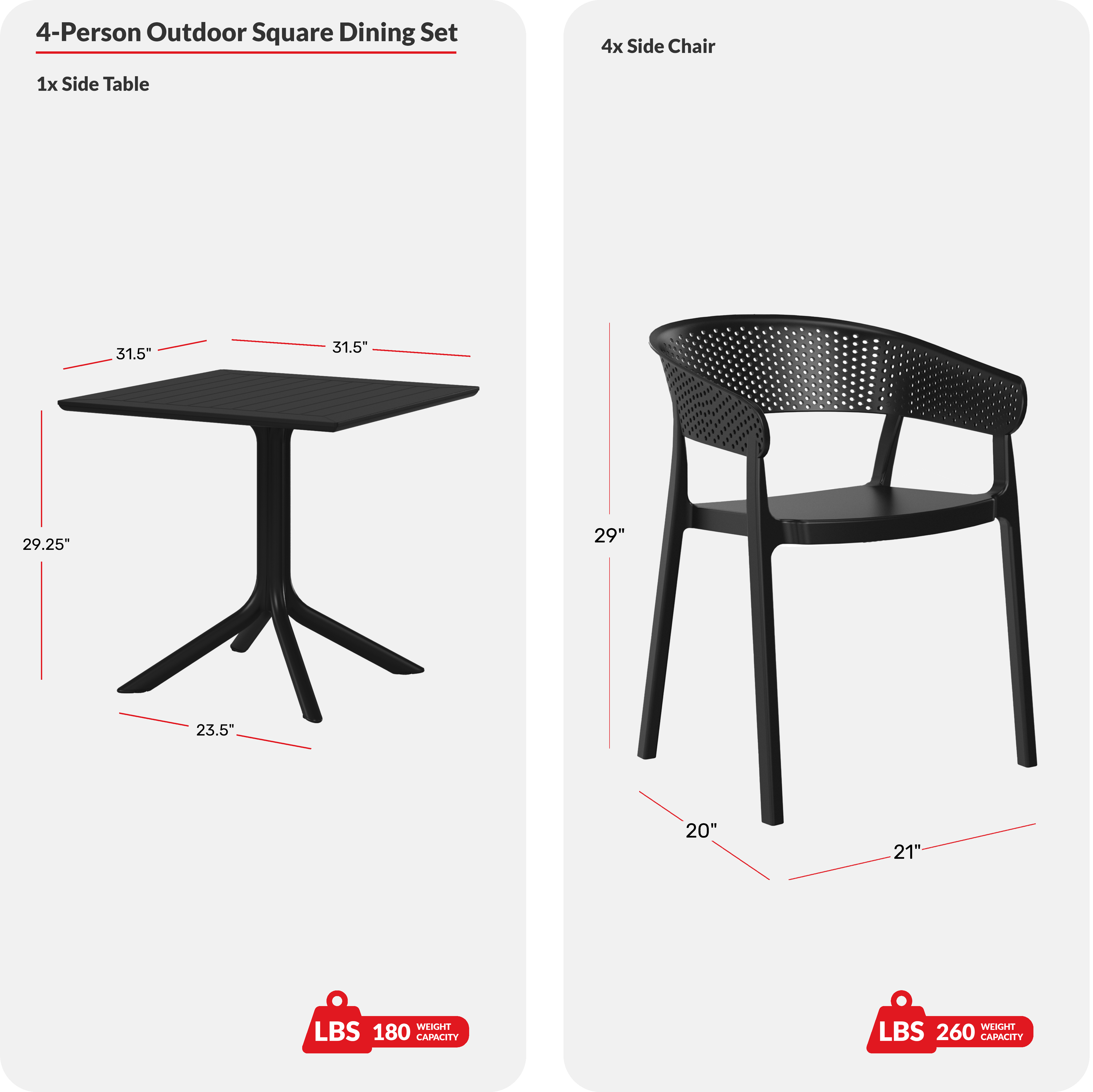 5-Piece Outdoor Resin Square Patio Dining Table Set with Stackable Patio Dining ChairsCOS Spec Image