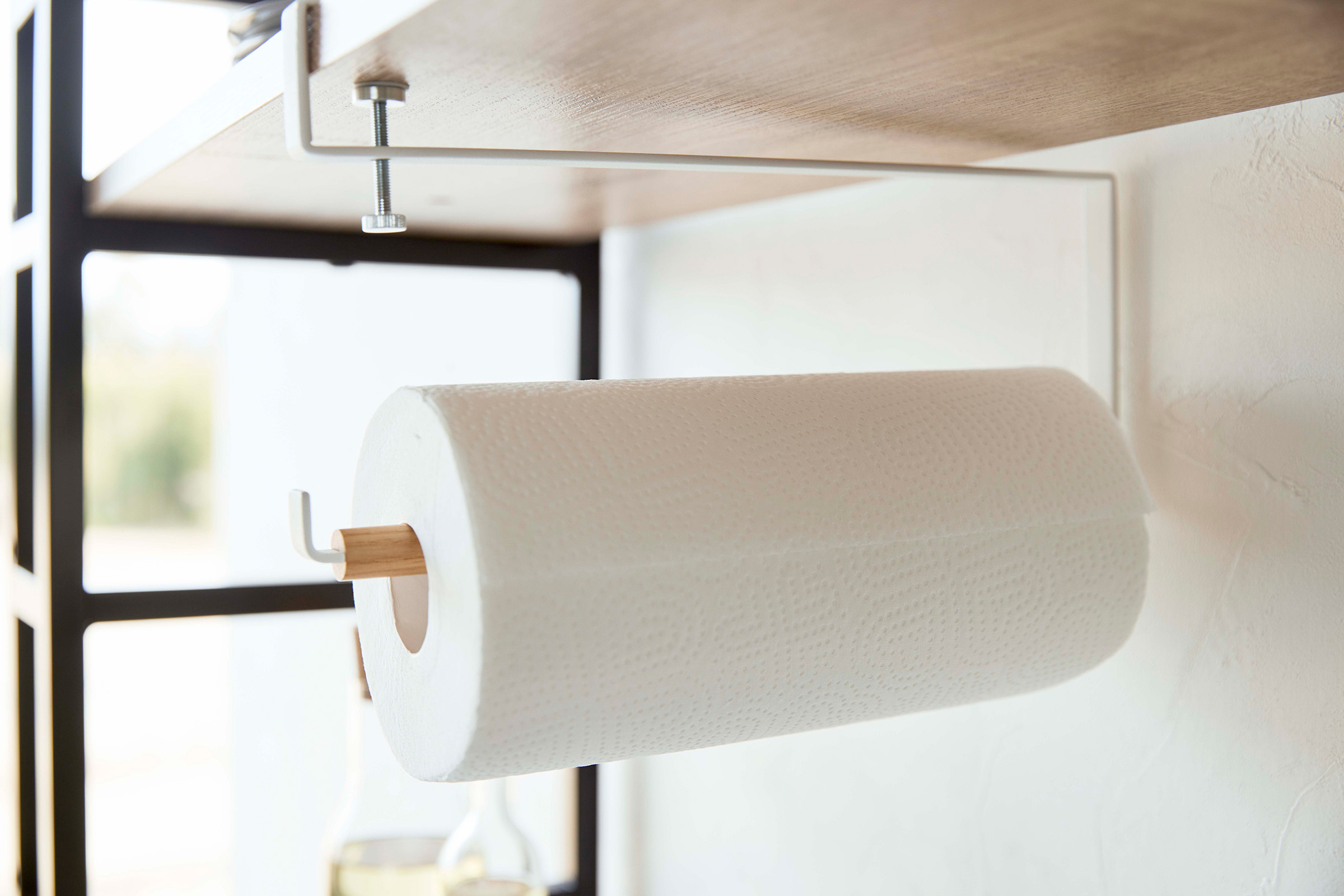 Yamazaki Home Undershelf Paper Towel Holder with paper towel inserted