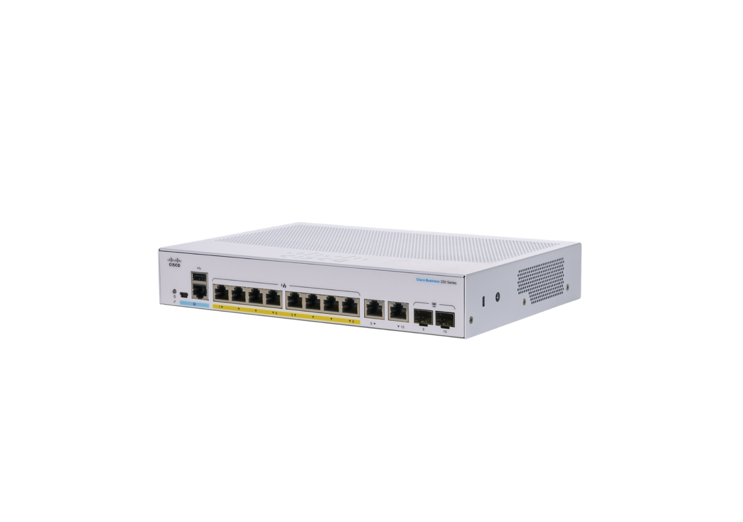 Picture of Cisco Business CBS250-8FP-E-2G 10 Ports Manageable Ethernet Switch - 3 Layer Supported - Modular - 120 W PoE Budget - Optical Fiber, Twisted Pair - PoE Ports - Rack-mountable - Lifetime Limited Warranty