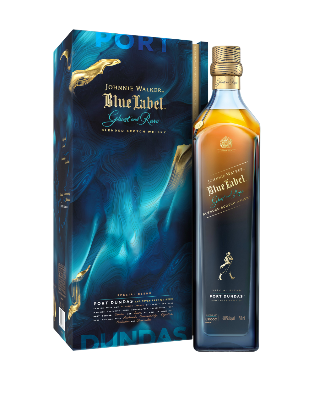 JOHNNIE WALKER BLUE LABEL GHOST AND RARE PORT DUNDAS BLENDED SCOTCH WHISKY