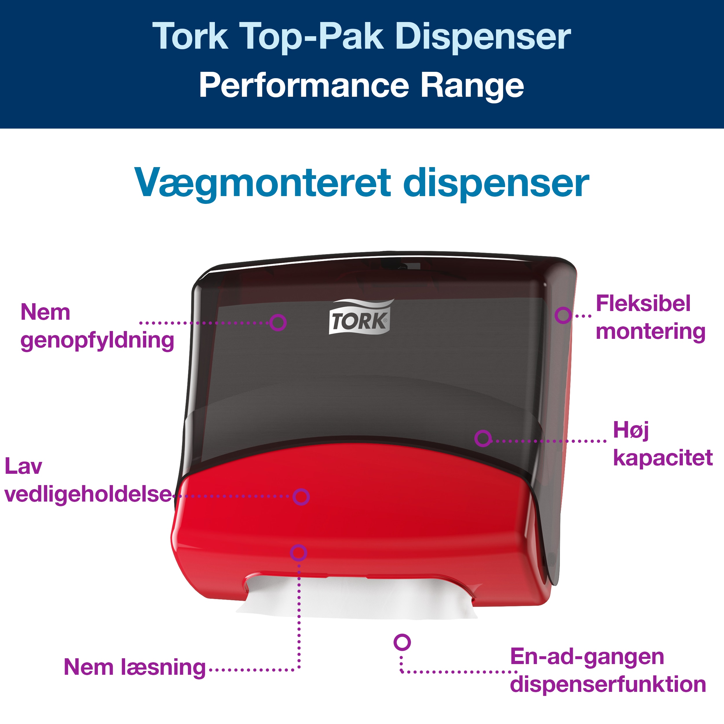 Aftørringsdispenser, Til aftørringsark, Foldede, Sort-rød, Tork Top-Pak W4