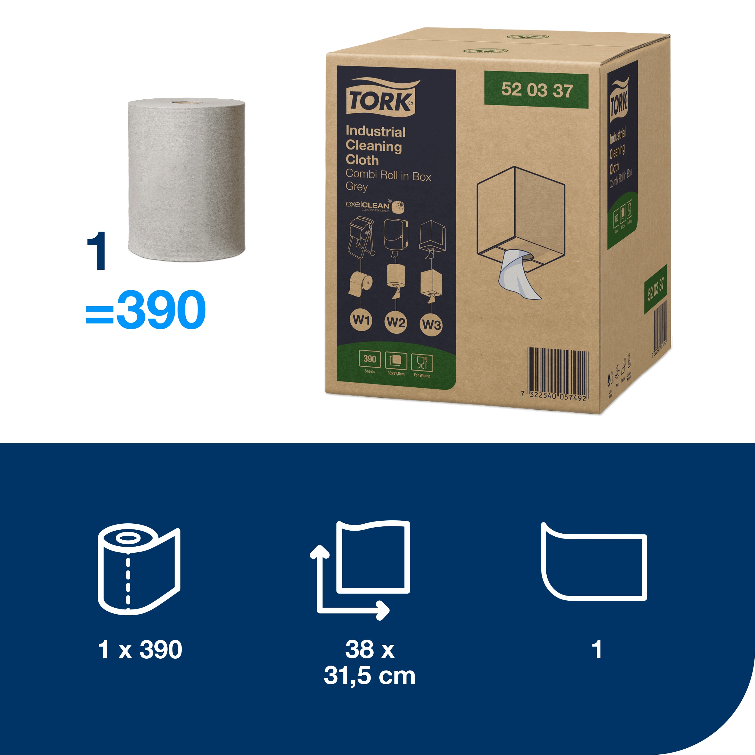 Aftørringsrulle, Udvendig oprulning og centertræk, 1 lag, 1 rulle, Tork Premium W1/W2/W3
