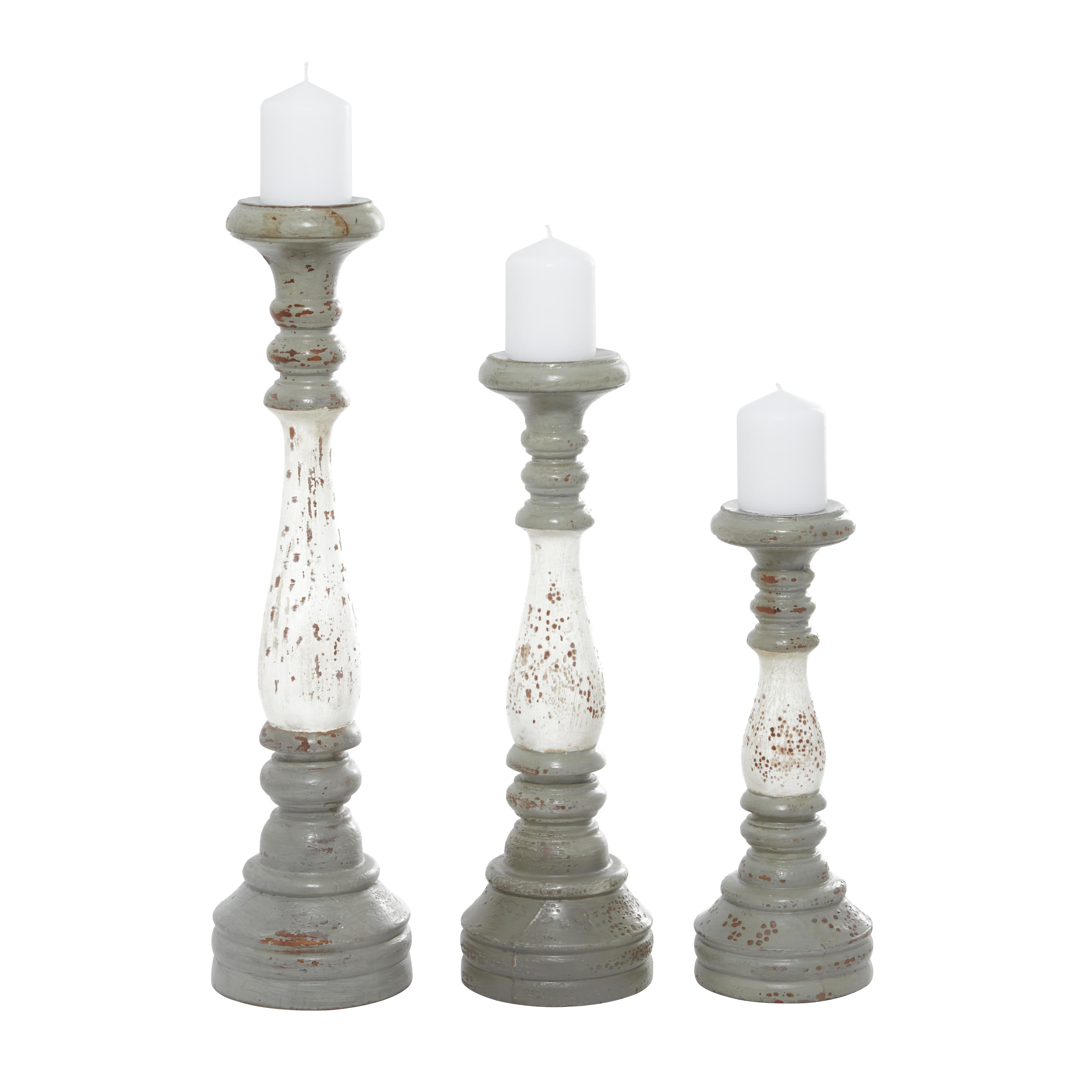 Gray Wood  Turned Style Pillar Decorative Candle Holder with White Accents, Set of 3 20", 16", 12"H