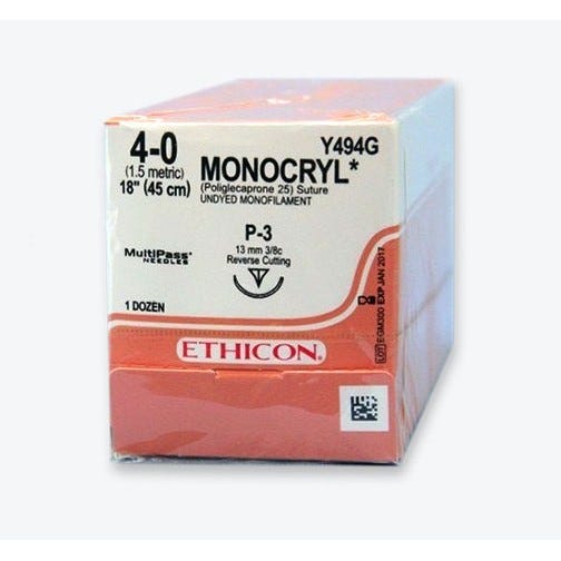 MONOCRYL® Undyed Monofilament Sutures, 4-0, P-3, Precision Point-Reverse Cutting, 18" - 12/Box