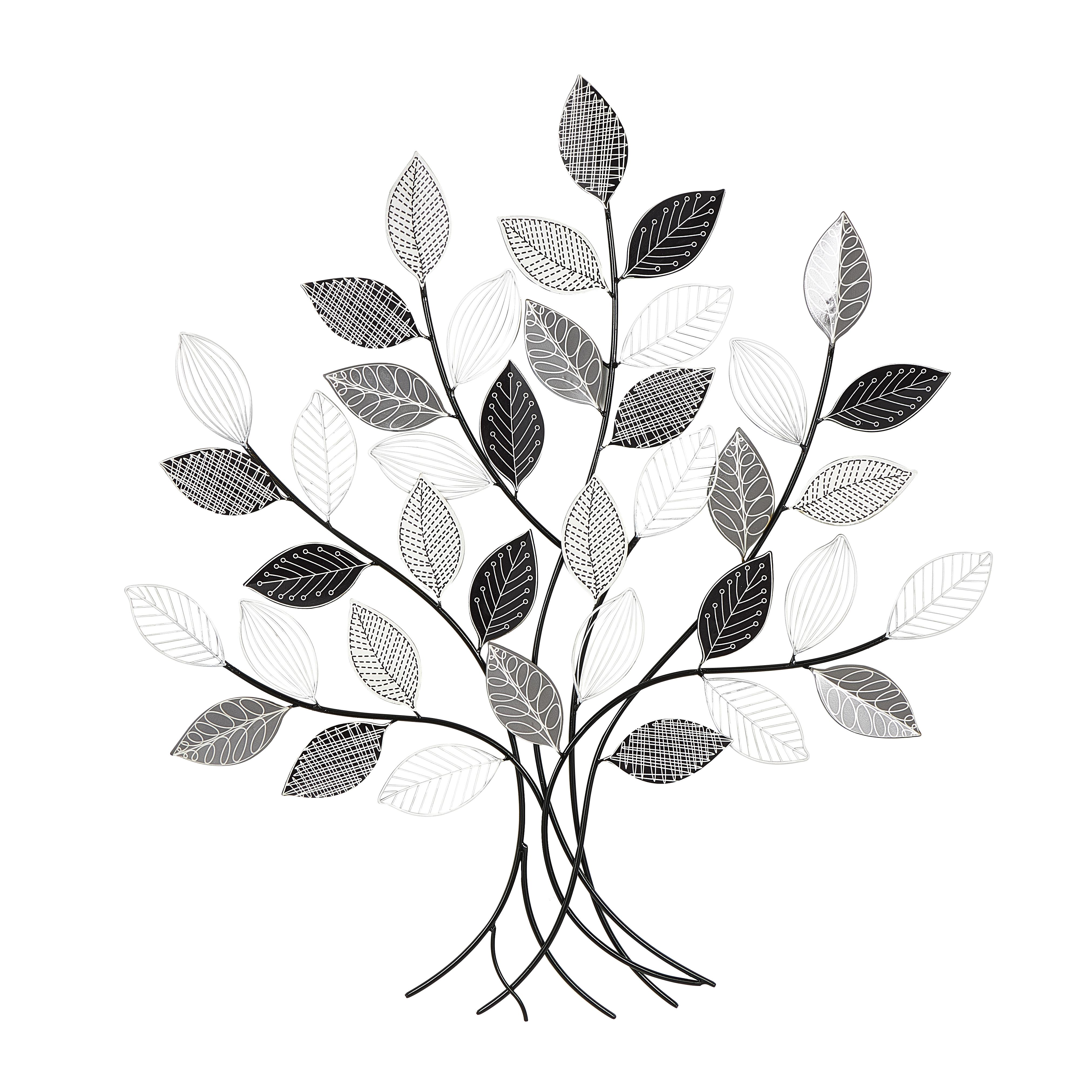 Black Metal Tree Home Wall Decor with Various Patterned Leaves, 39" x 1" x 43"
