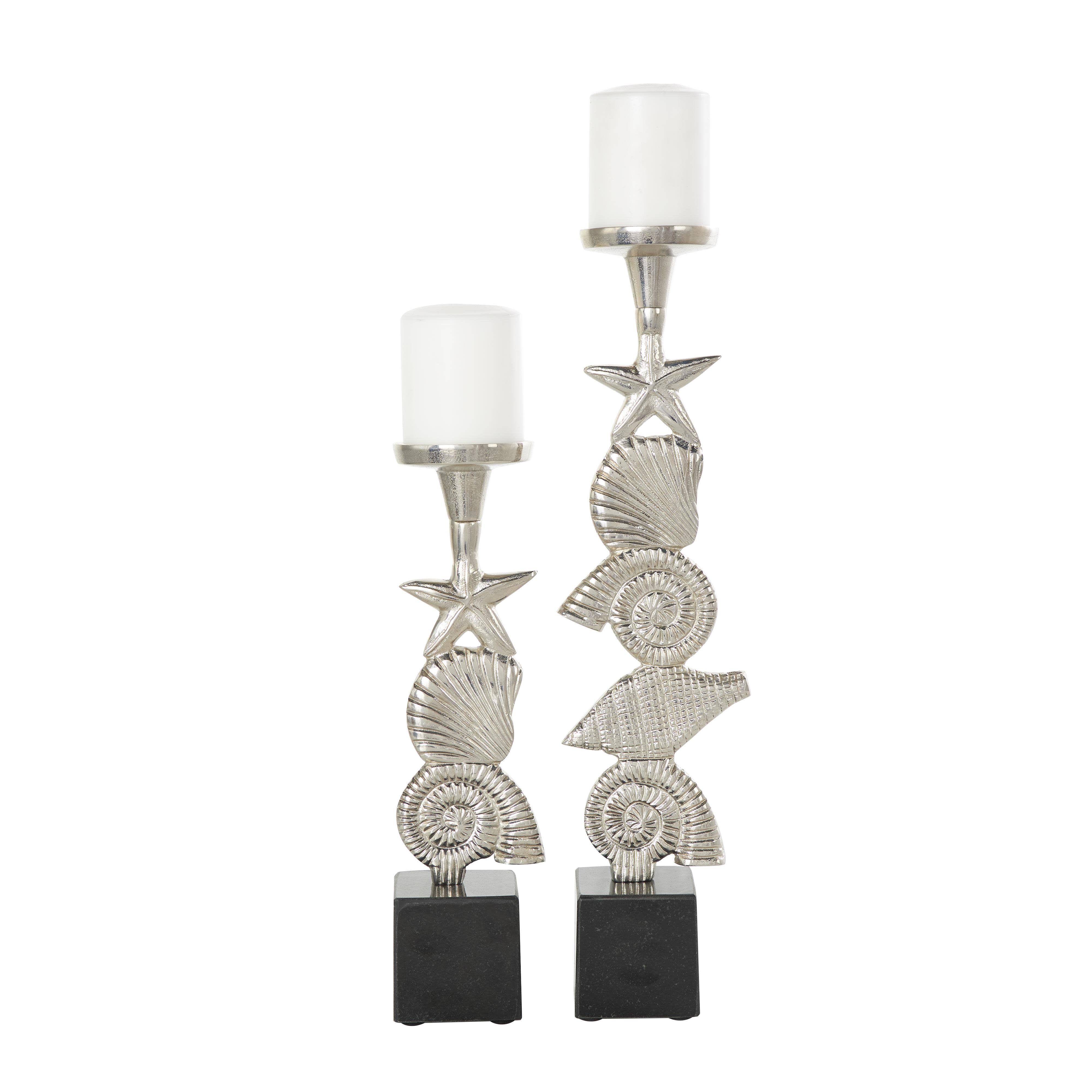 silver aluminum metal shell decorative candle holder with black marble bases, set of 2 20", 14"h