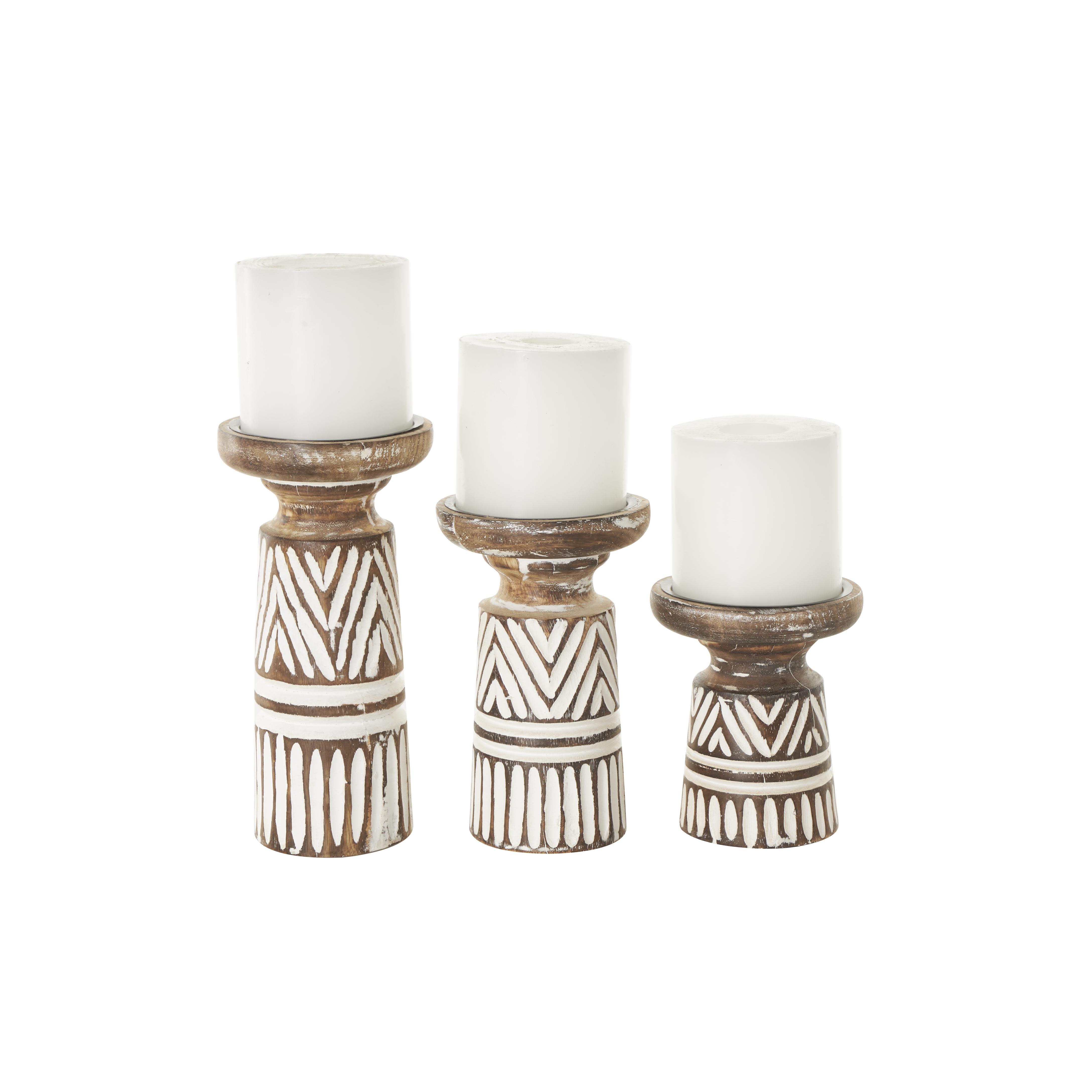 White Mango Wood  Tribal Pillar Decorative Candle Holder, Set of 3 10", 8", 6"H
