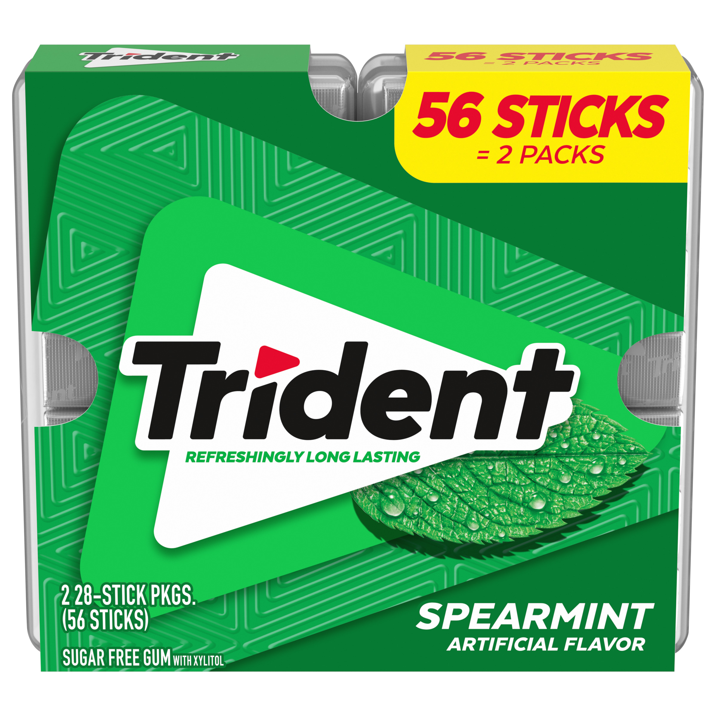 Trident Spearmint Sugar Free Gum, 2 Pocket Packs of 28 Pieces (56 Pieces Total)-thumbnail-1