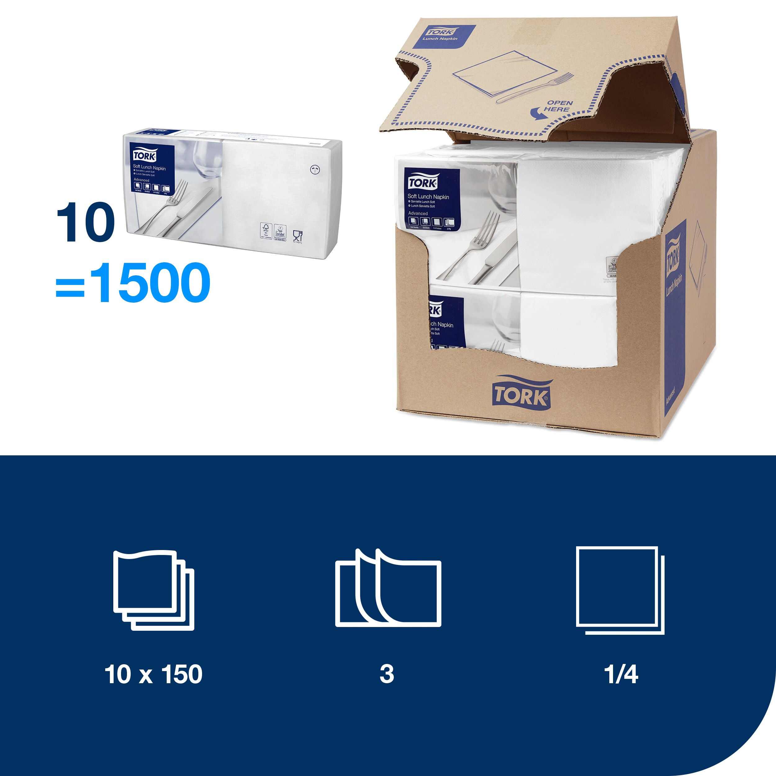 Servietter, 3 lag, Hvid, 33x33 cm, 1500 stk, Tork Advanced
