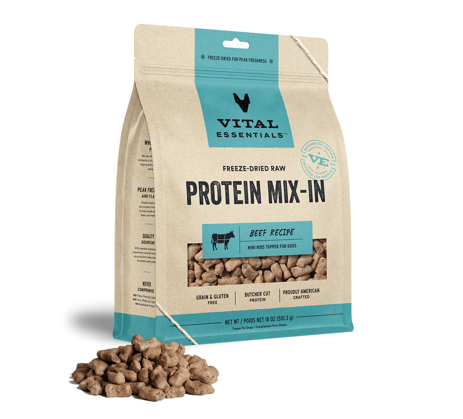 Vital Essentials Freeze-Dried Raw Protein Mix-In Beef Recipe Mini Nibs Topper for Dogs, 18 oz - Treats