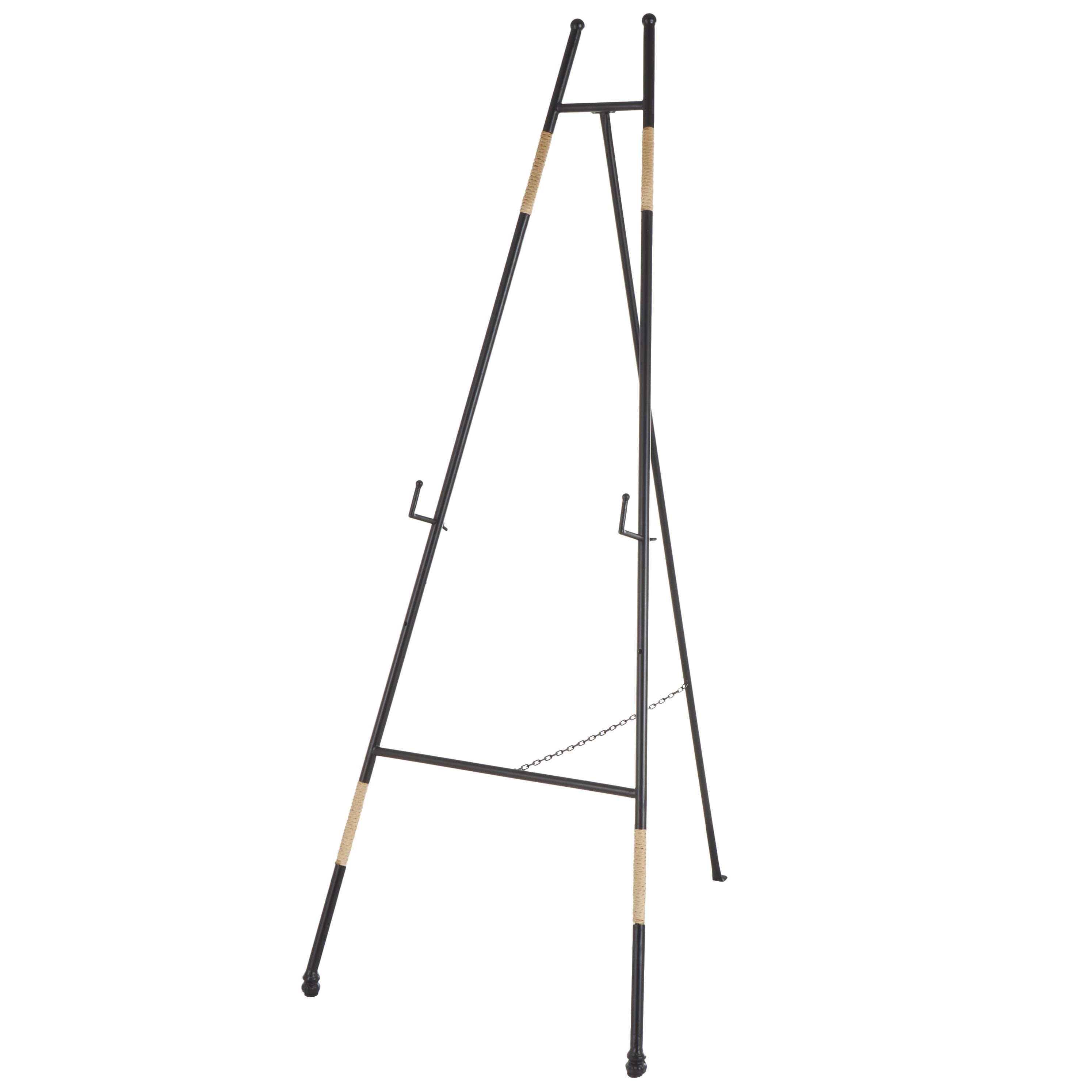 Black Metal  Slim Foldable 2 Tier Display Easel with Wrapped Rattan Accents, 22" x 30" x 54"