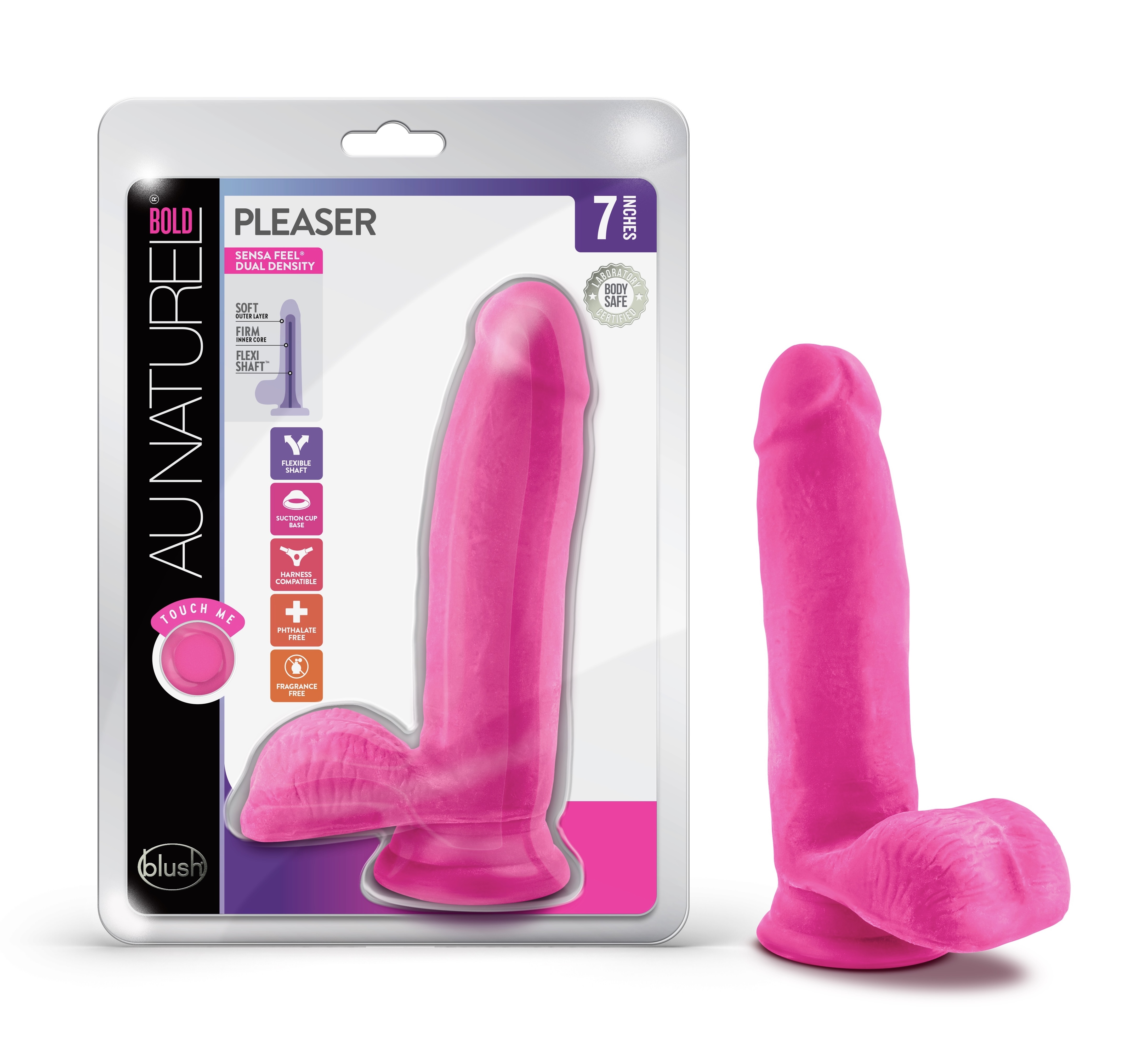 Blush Au Naturel Bold Pleaser Realistic Pink 7-Inch Long Dildo With Balls & Suction Cup Base