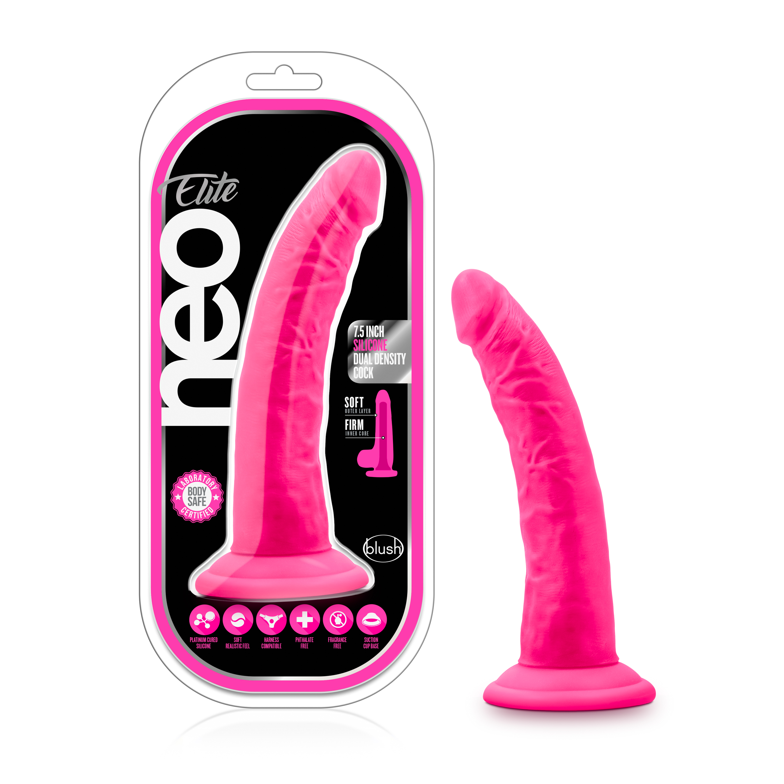 Blush Neo Elite? / Neon Pink: 7.5-Inch Long Dildo - Made with Purio? Silicone & SensaFeel? Dual Density Realistic Technology