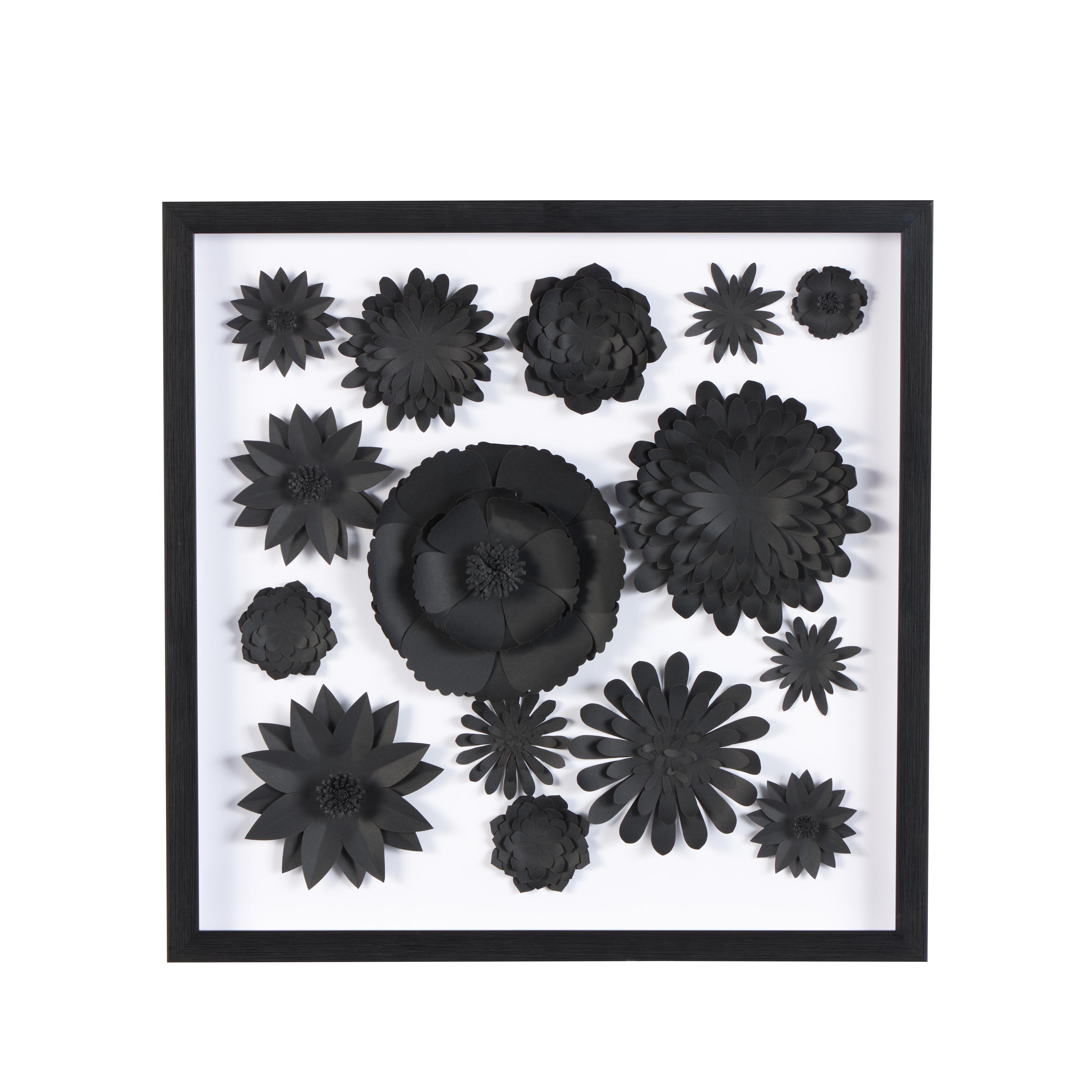 Black Paper Floral Square Cluster Shadow Box with Varying Shapes and Sizes, 20" x 2" x 20"