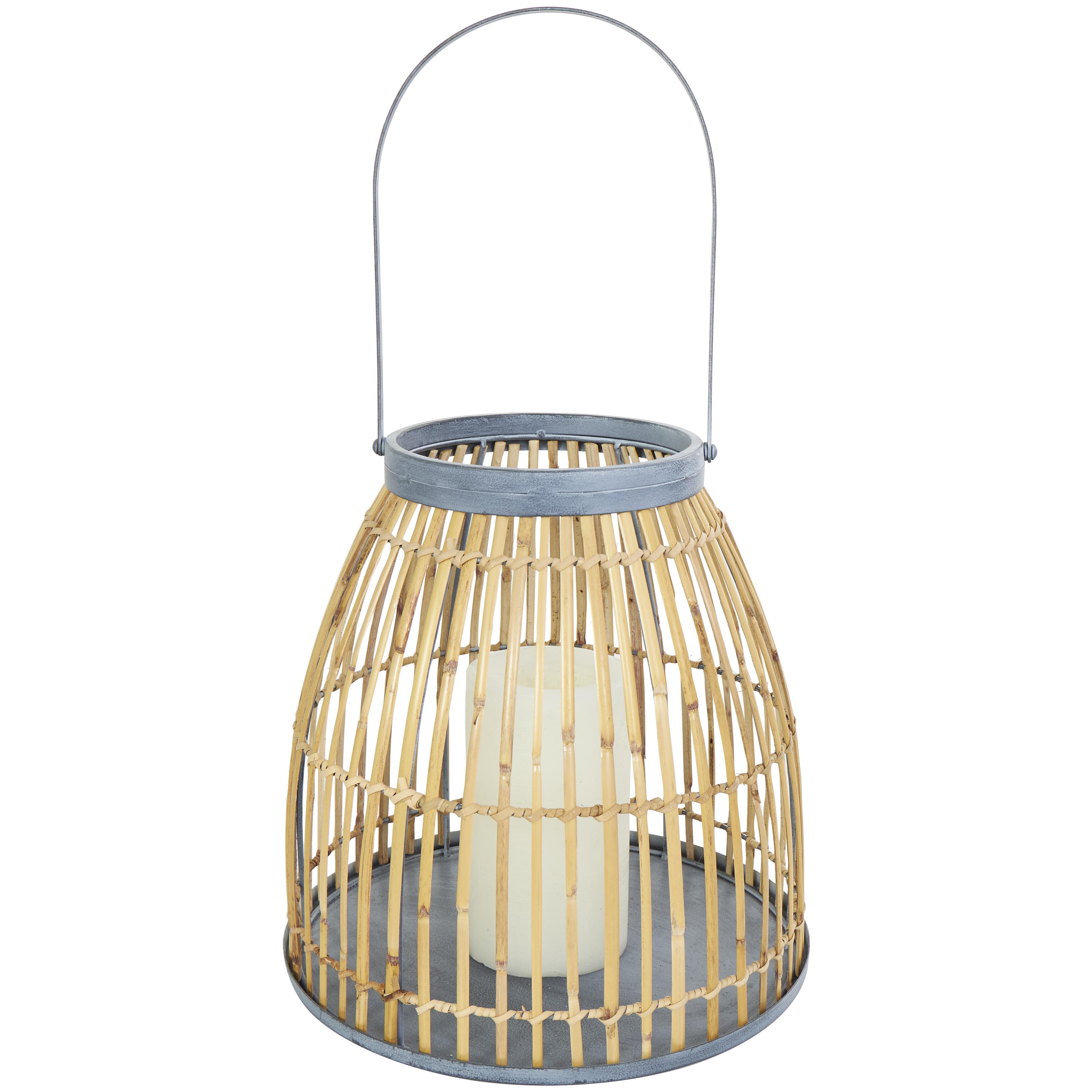 Brown Bamboo Wood  Handmade Woven Open Framed Caged Style Indoor Outdoor Candle Lantern with Blue Metal Accents and Handle, 13" x 13" x 13"