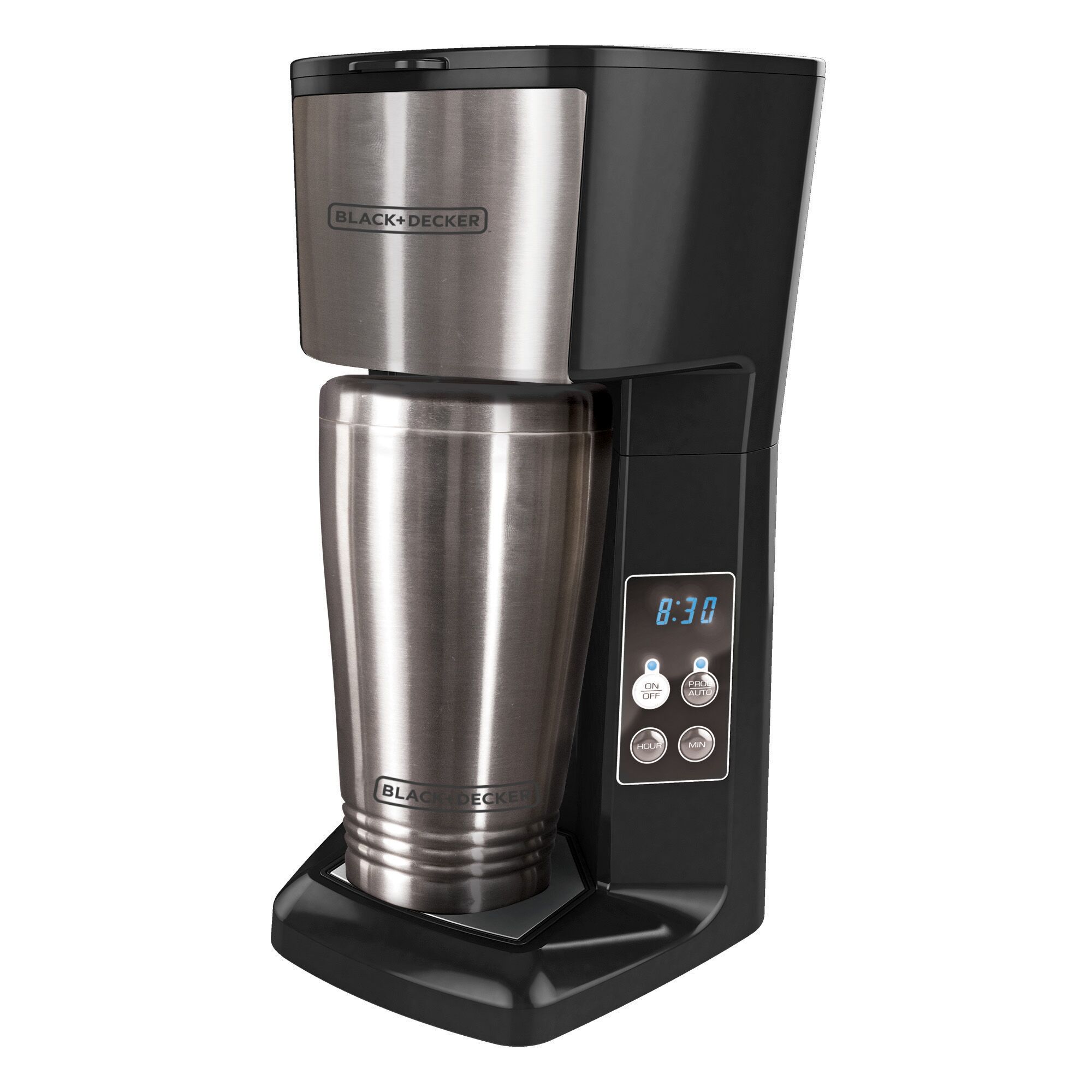 Profile of the BLACK+DECKER single serve coffee maker with travel mug