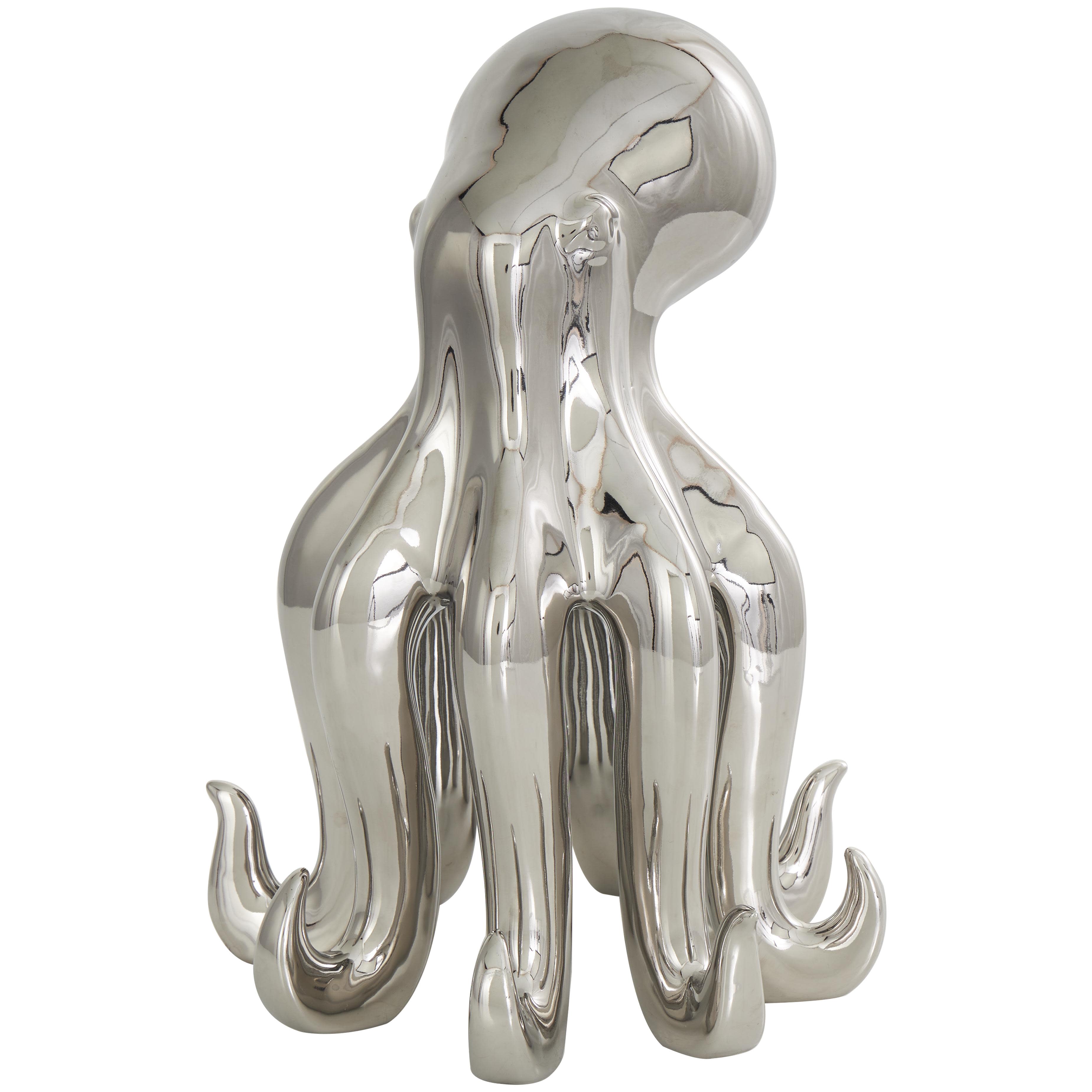 Silver Ceramic Octopus Tall Standing Decorative Sculpture, 8" x 9" x 12"