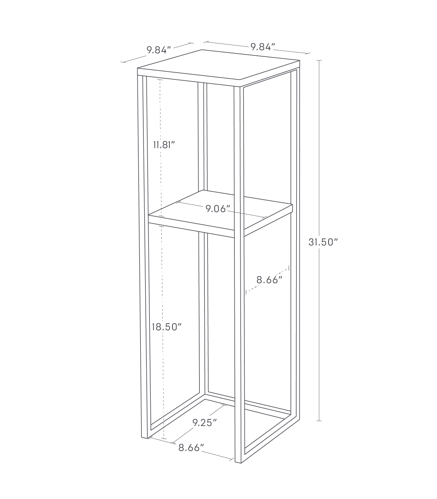 Dimension image for Two-Tier Display & Storage Shelf showing length of 9.84