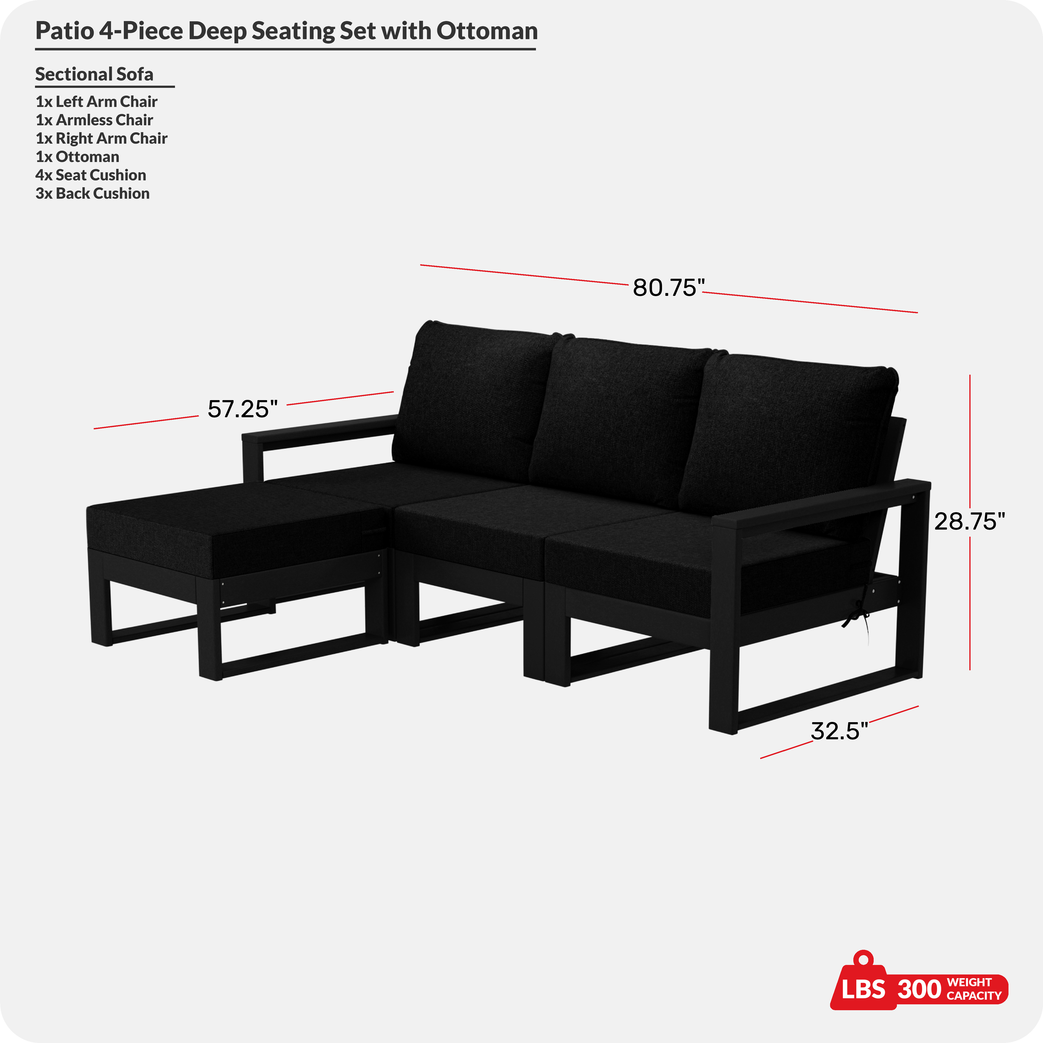 4-piece Outdoor HDPE All-Weather Modern Deep Seating Patio Sofa Sectional Set with Waterproof CushionsCOS Spec Image
