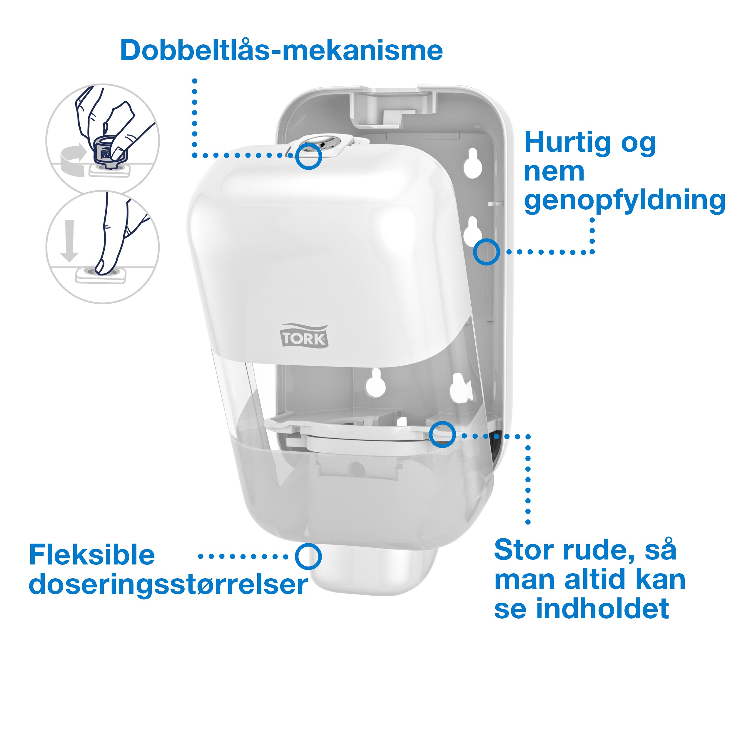 Dispenser, Til sæbe og hånddesinfektion, Trykknap, Hvid, 525 ml refill, Tork Mini S5