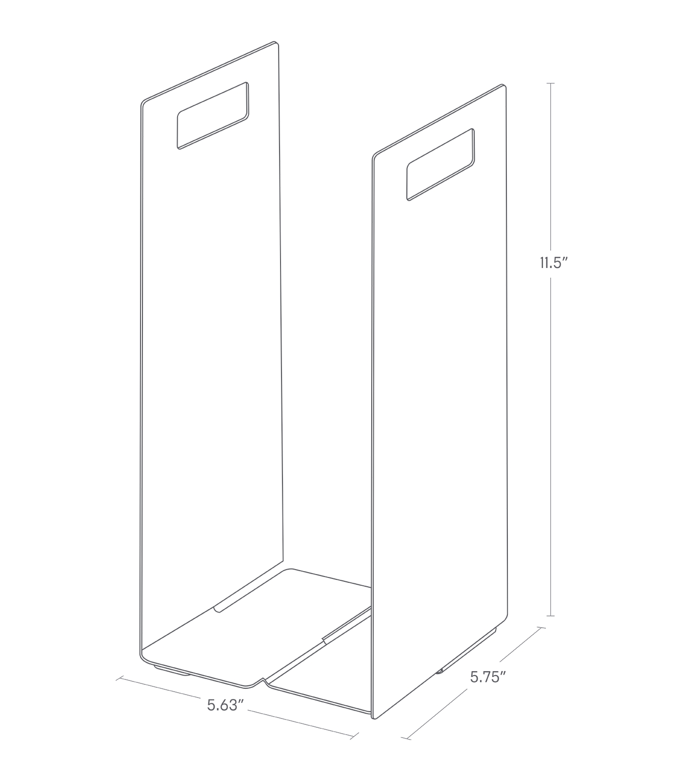 Dimenision image for Towel Storage Organizeron a white background showing total width of 5.63", length of 5.75", height of 11.5"