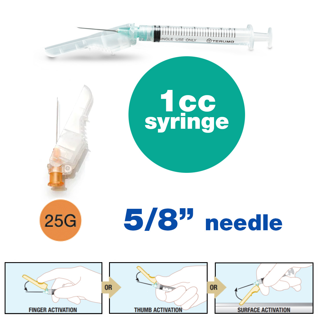 SurGuard® 3 Safety Hypodermic Needle, 1CC Syringe with 25G x 5/8" Needle - 100/Box