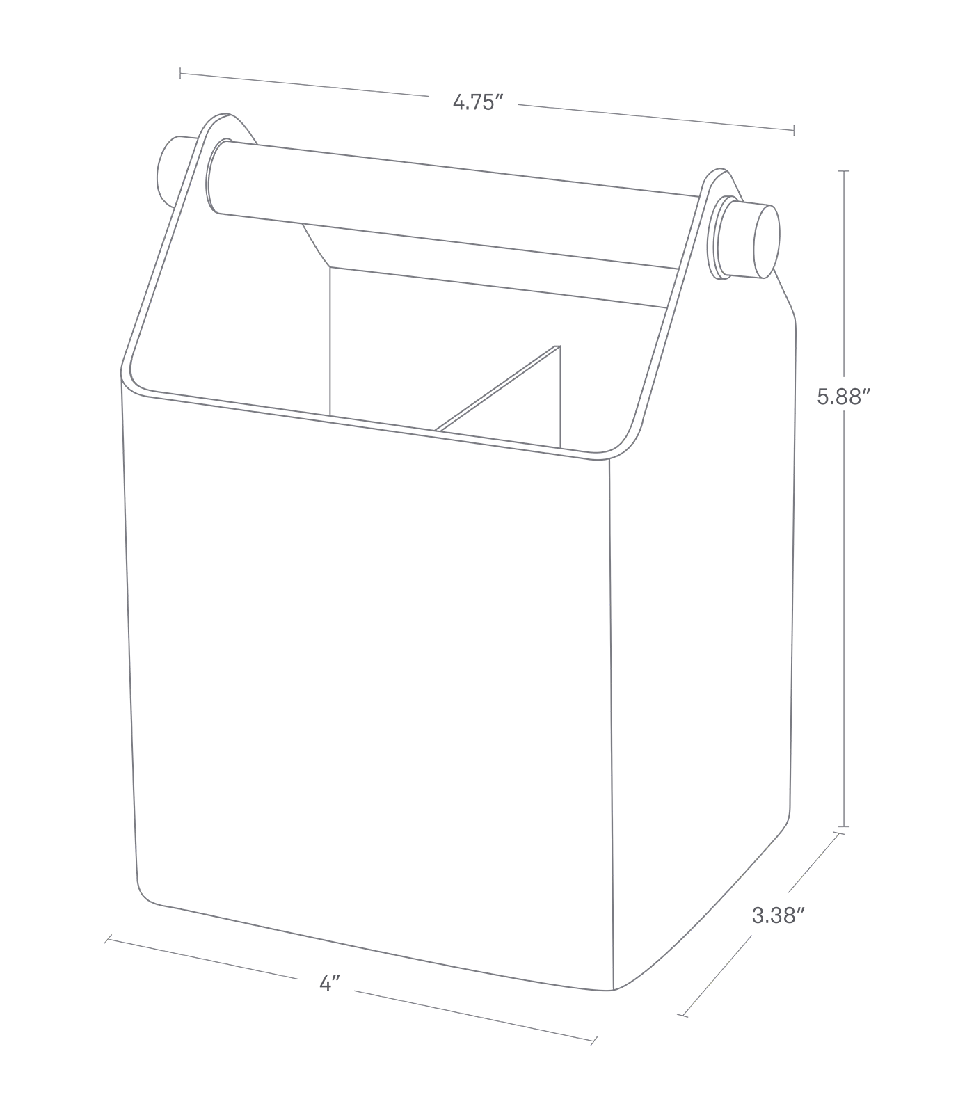 Dimension image of Pen + Desk Organizer with a width of 4", depth of 3.38", height of 5.88", and top dowel width of 4.75".