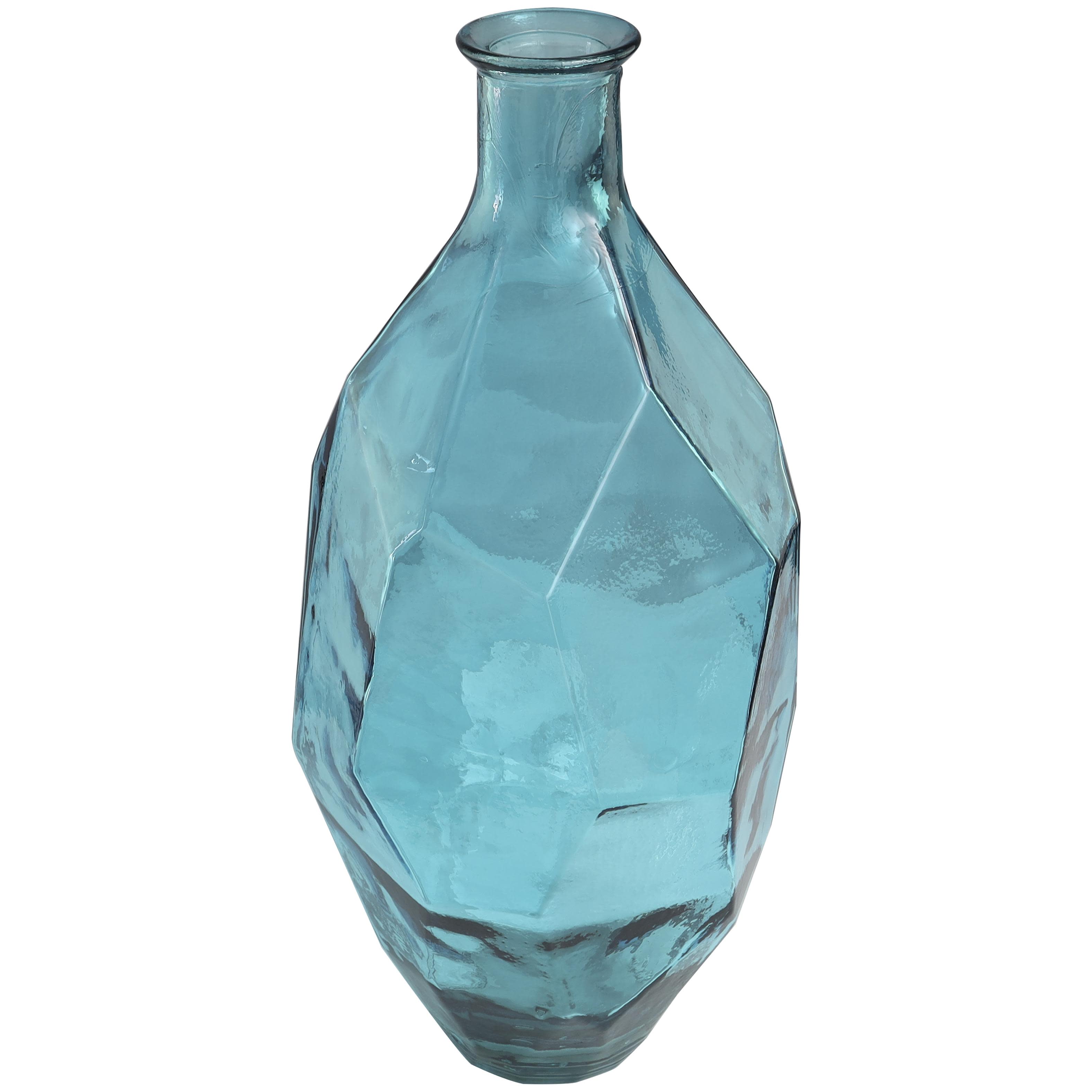 teal recycled glass abstract handmade spanish bottle neck faceted decorative vase, 10" x 11" x 24"