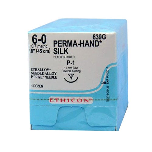 PERMA-HAND® Silk Black Braided Sutures, 6-0, P-1, Precision Point-Reverse Cutting, 18" - 12/Box