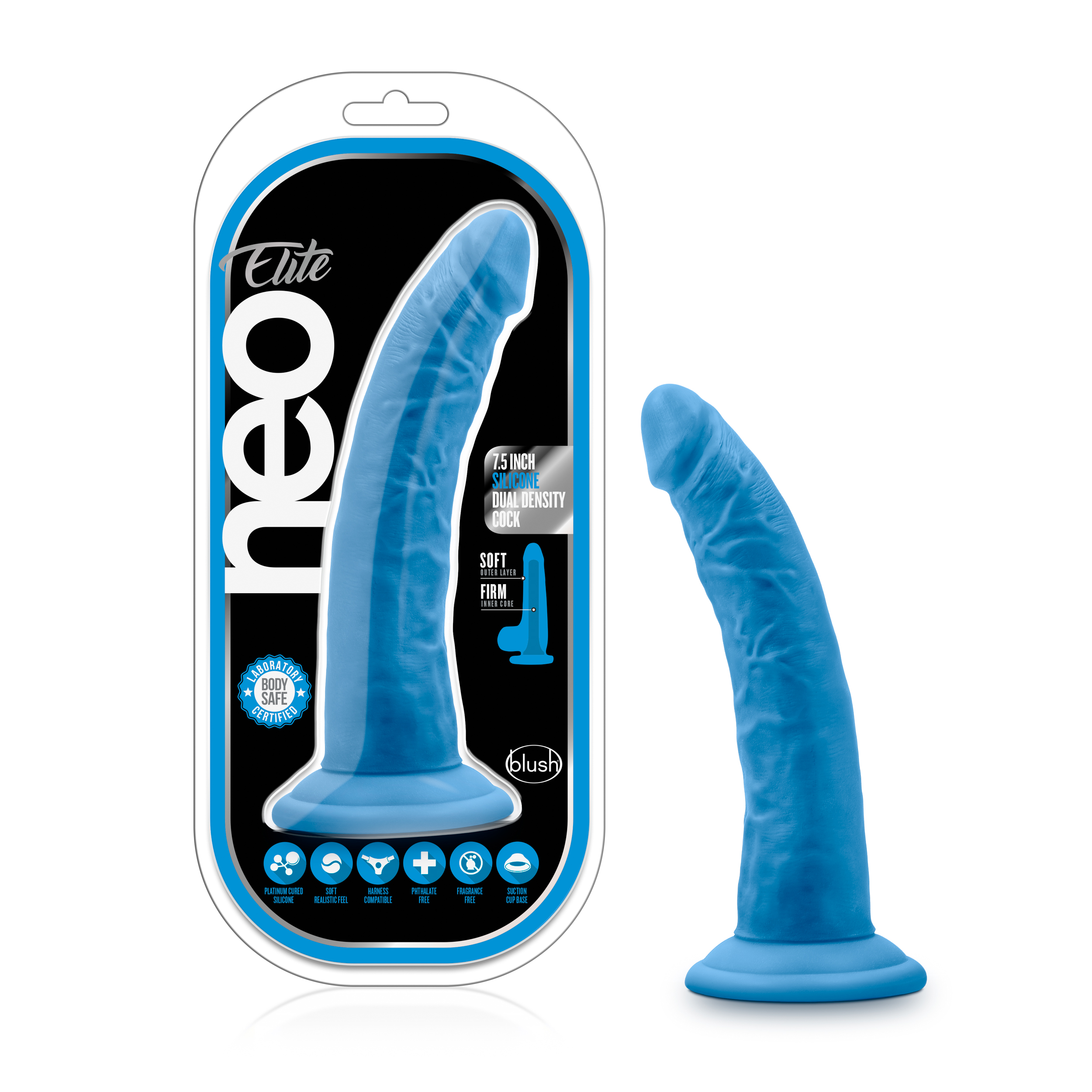 Blush Neo Elite? / Neon Blue: 7.5-Inch Long Dildo - Made with Purio? Silicone & SensaFeel? Dual Density Realistic Technology