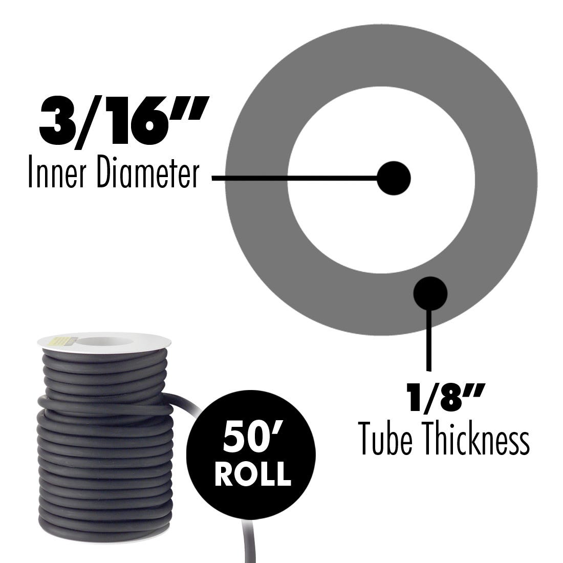 ACE Latex Rubber Tubing Black, 3/16" x 1/8"- 50' Roll
