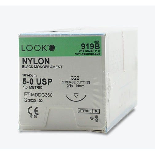 Nylon Black Monofilament Sutures, 5-0, C22, Reverse Cutting, 18" - 12/Box
