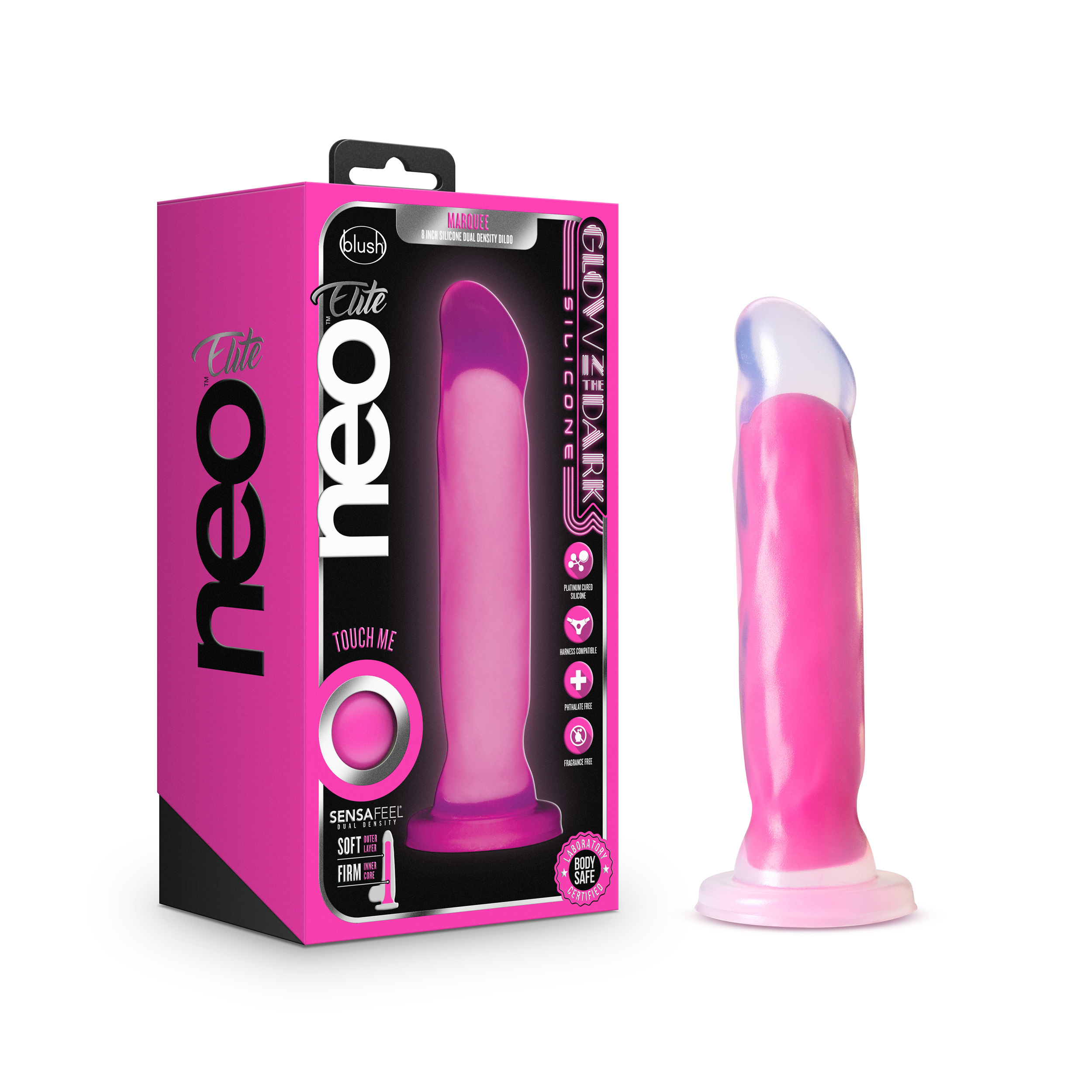 Blush Neo Elite? / Marquee Glow In The Dark Neon Pink: 8-Inch Long Dildo - Made with Purio? Silicone & SensaFeel? Dual Density Realistic Technology