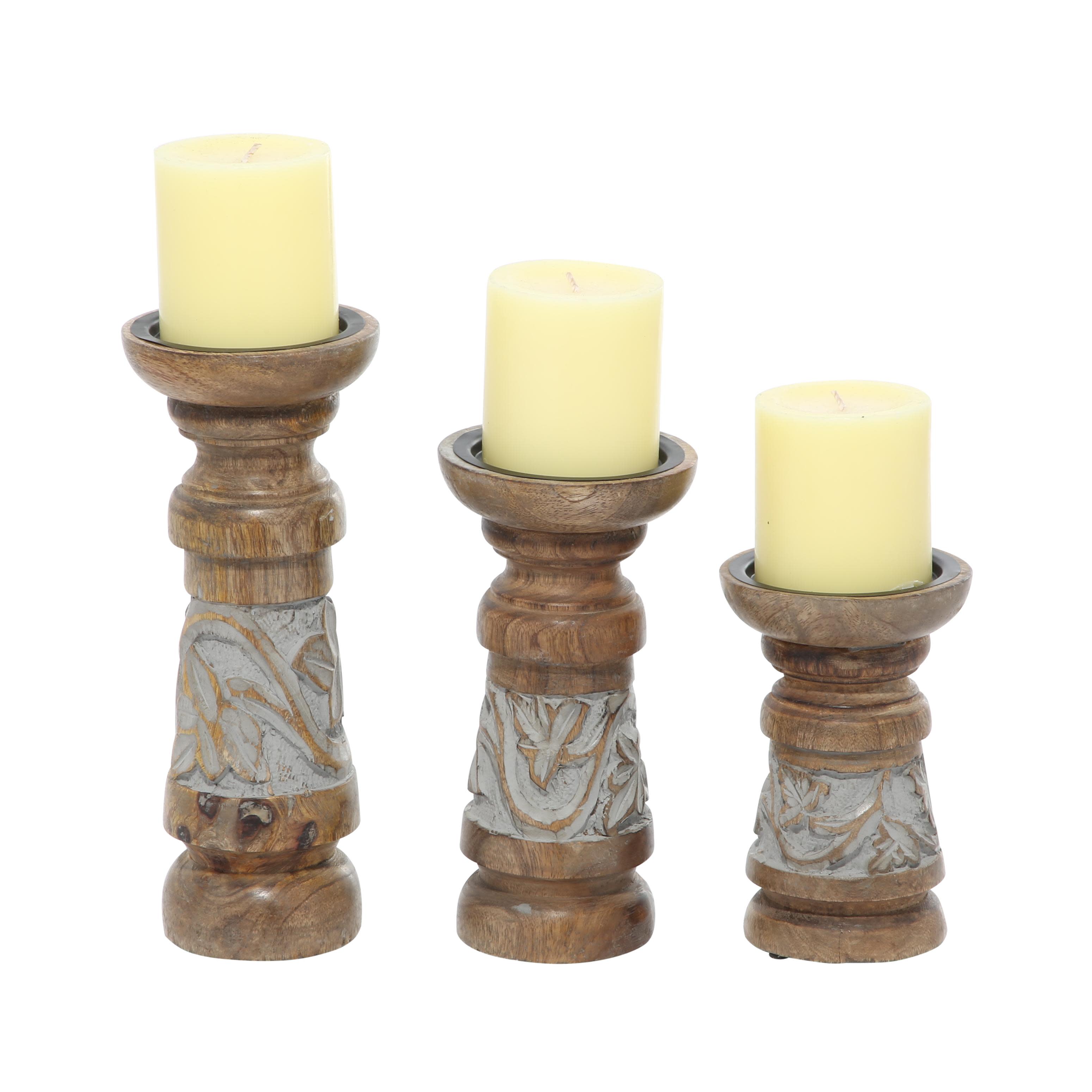 Brown Wood  Decorative Candle Holder, Set of 3 6", 8", 10"H