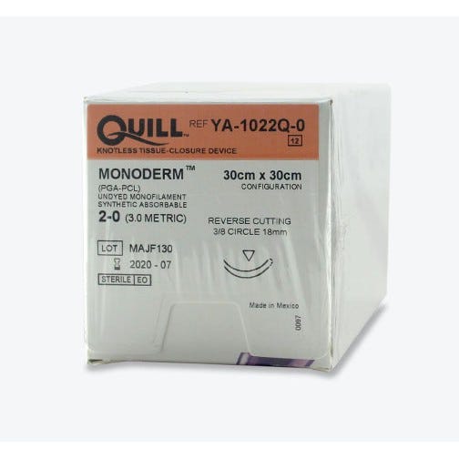 Quill™ Monoderm™ (PGA-PCL) Clear Monofilament Sutures, 2-0, 18mm 3/8 Circle, Reverse Cutting, 30cm x 30cm Barb Configuration -12/Box