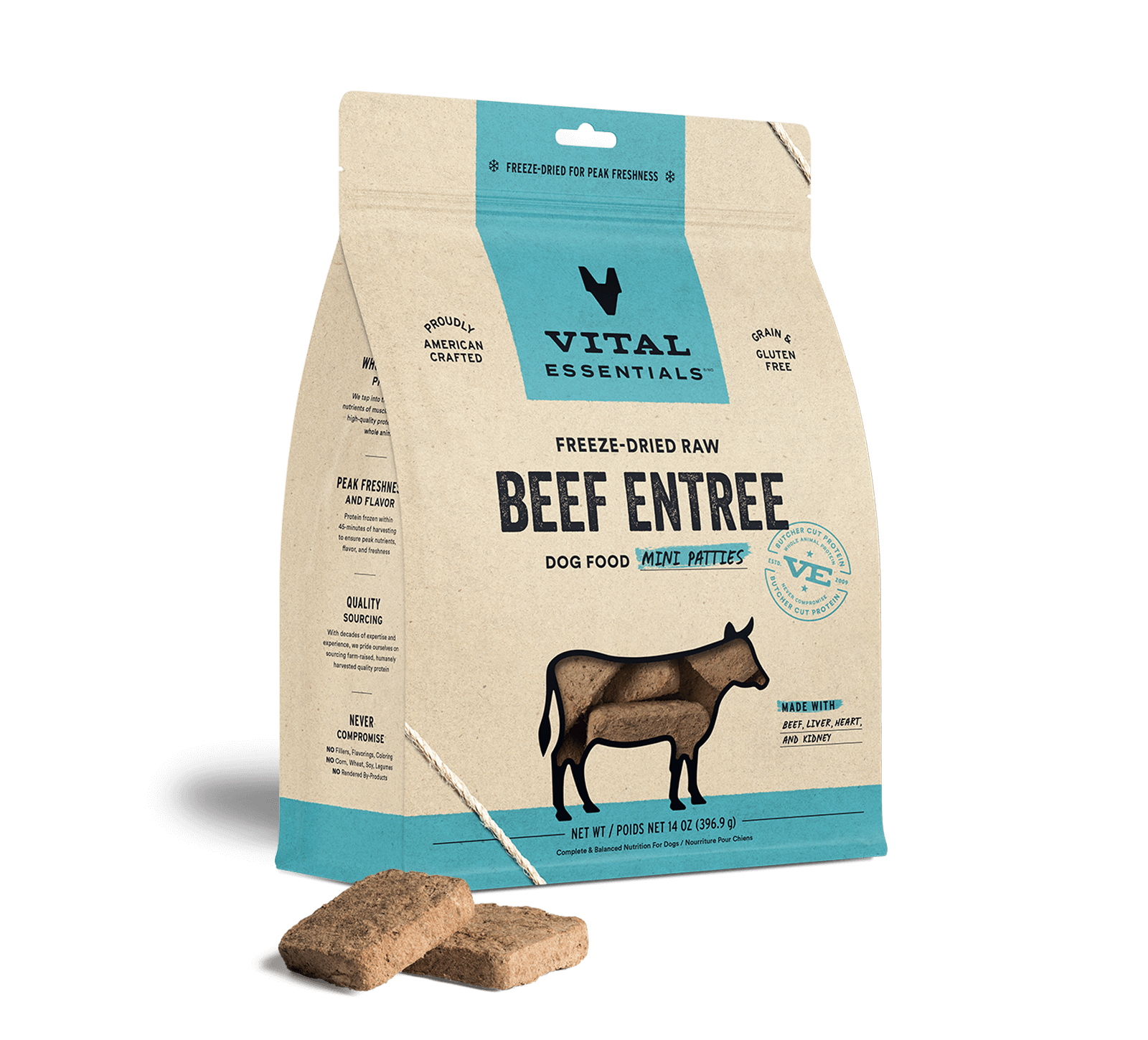 Vital Essentials Freeze-Dried Raw Beef Entree Dog Food Mini Patties, 14 oz - Health/First Aid