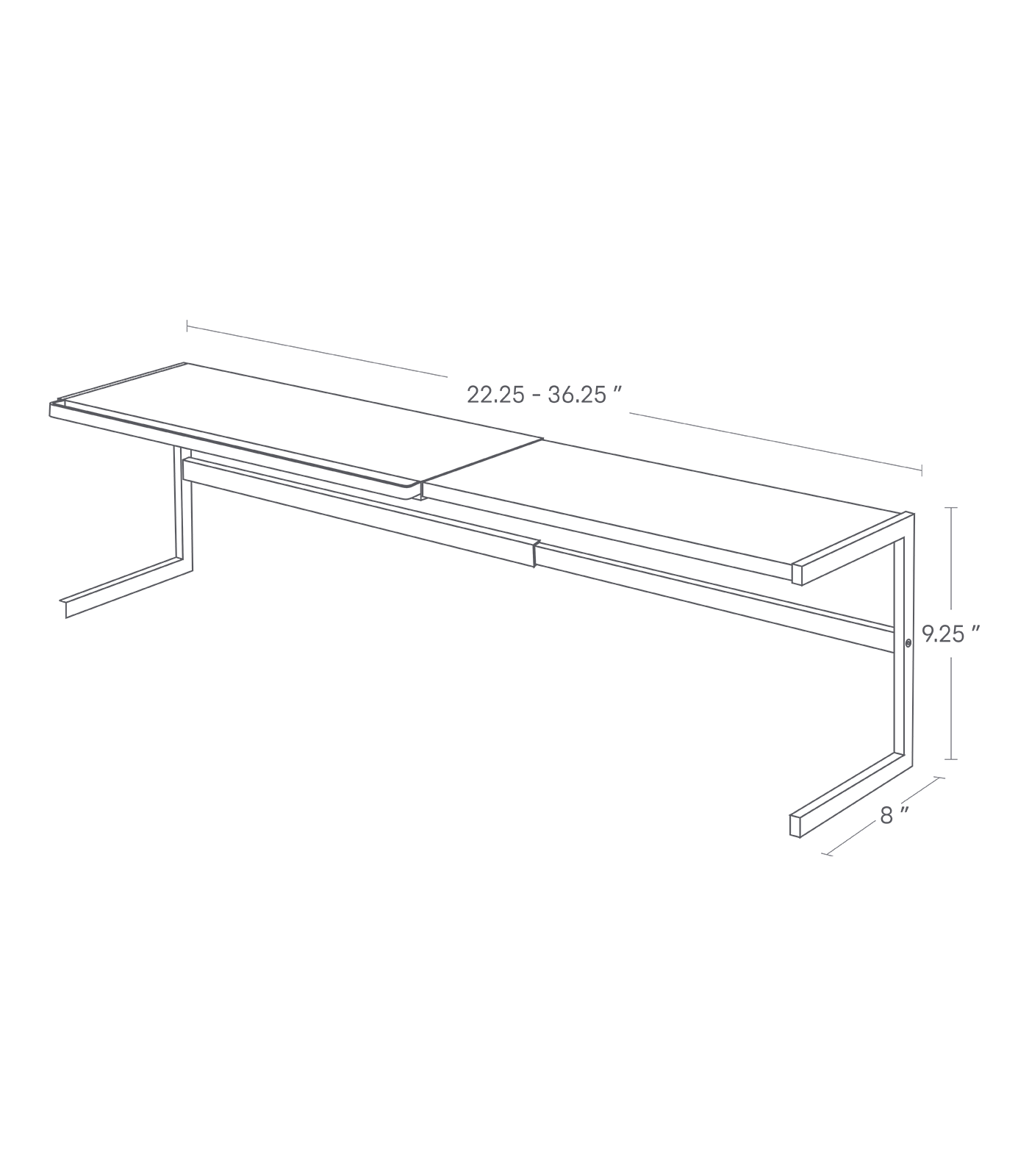 Dimension image for Countertop Shelf showing expandabble length of 22.25