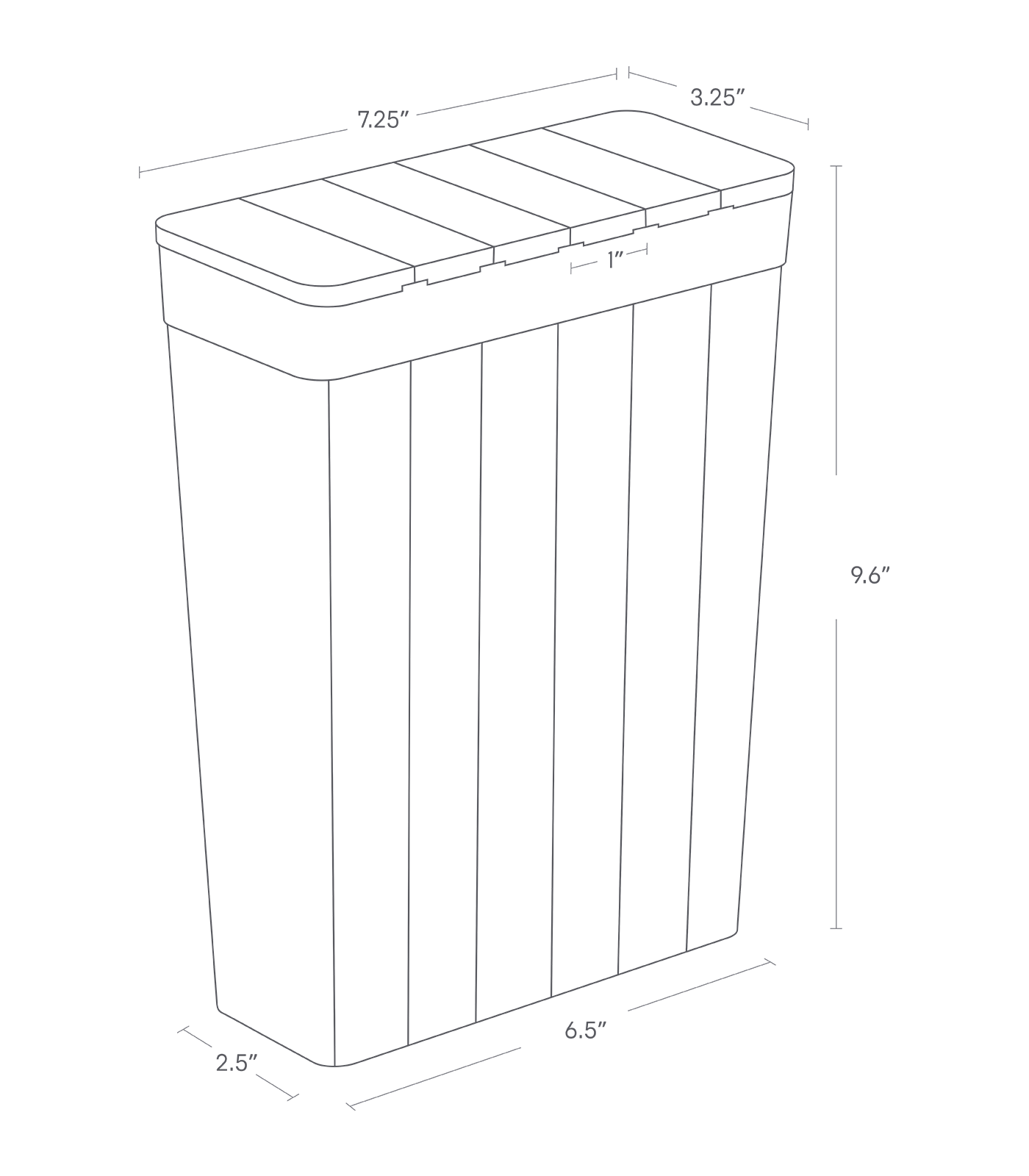 Dimenision image for Measuring Storage Containeron a white background showing total width of 7.25", length of 3.25", height of 9.6". The bottom of the item shows width of 6.5", length of 2.5".